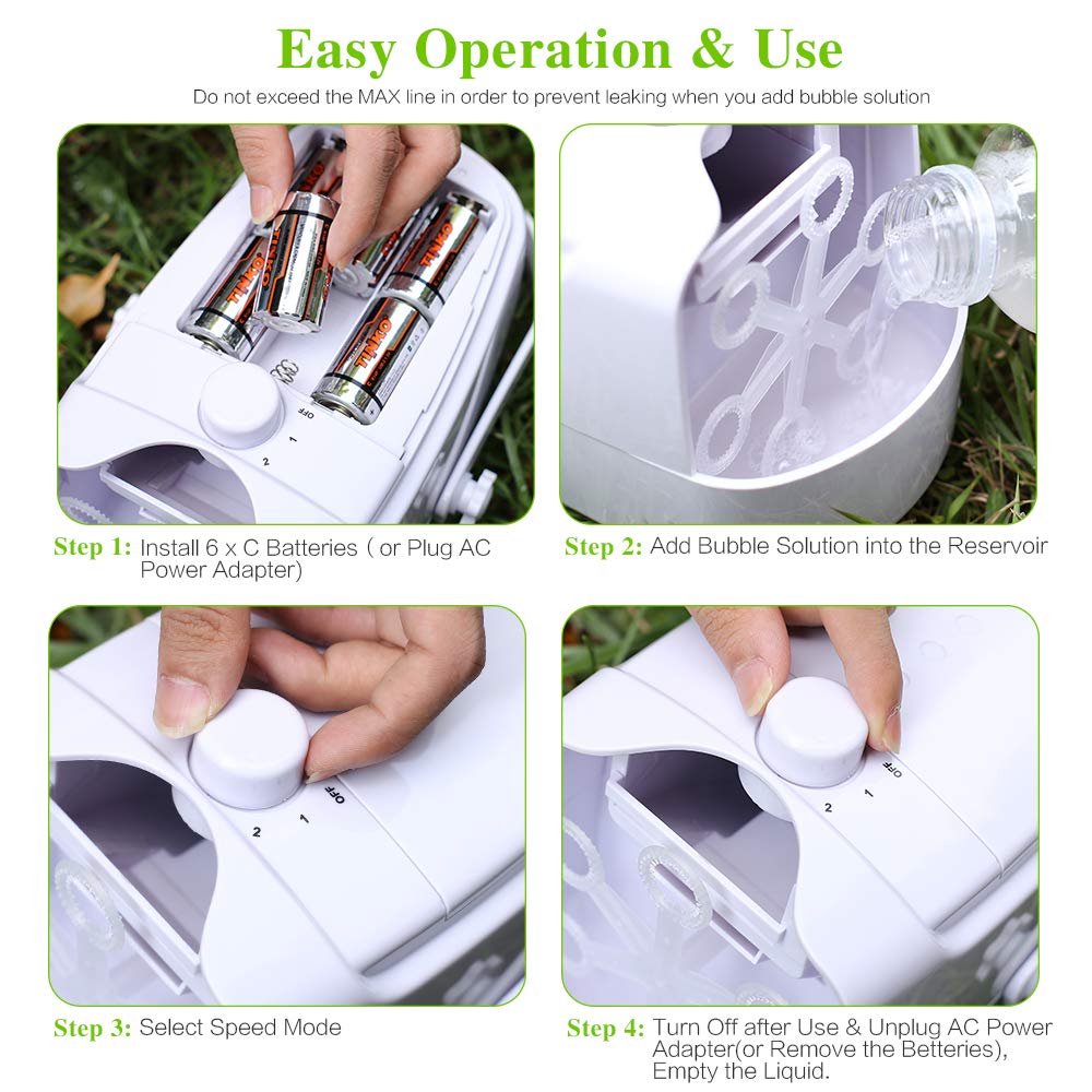 Automatic Bubble Blower Machine - Portable Bubble Maker for Kids & Parties, Indoor/Outdoor Use with 2 Speed Modes, Plug-in or Battery Powered (White) - Perfect for Birthday Parties, Backyard Fun & Family Gatherings