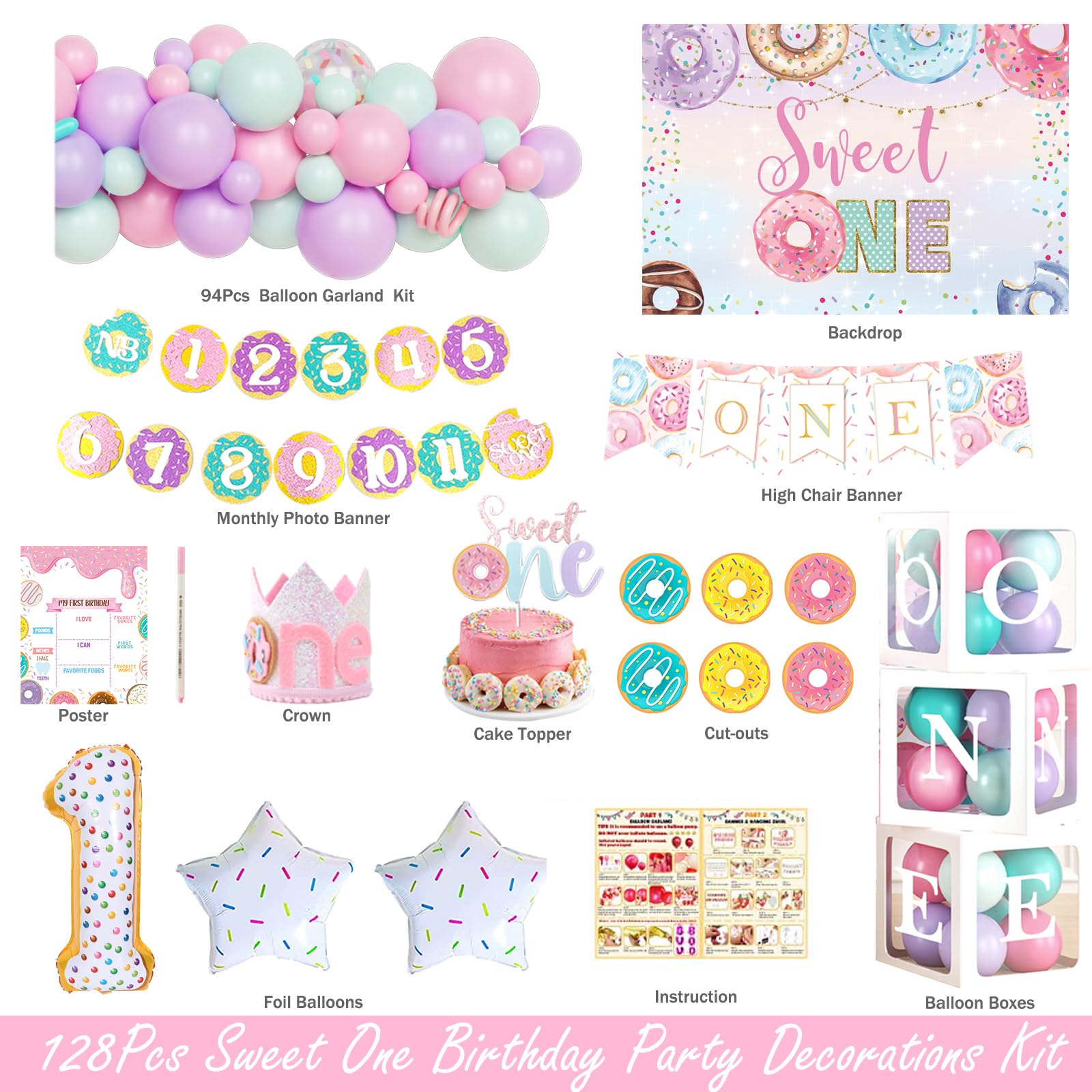 Sweet One Birthday Party Decorations Set - Donut Themed 1st Birthday Supplies for Girls with Backdrop, Balloons, Highchair Banner, Cake Topper, Crown & Posters | Pastel Pink Party Decor for Baby's First Birthday Celebration & Photo Shoots