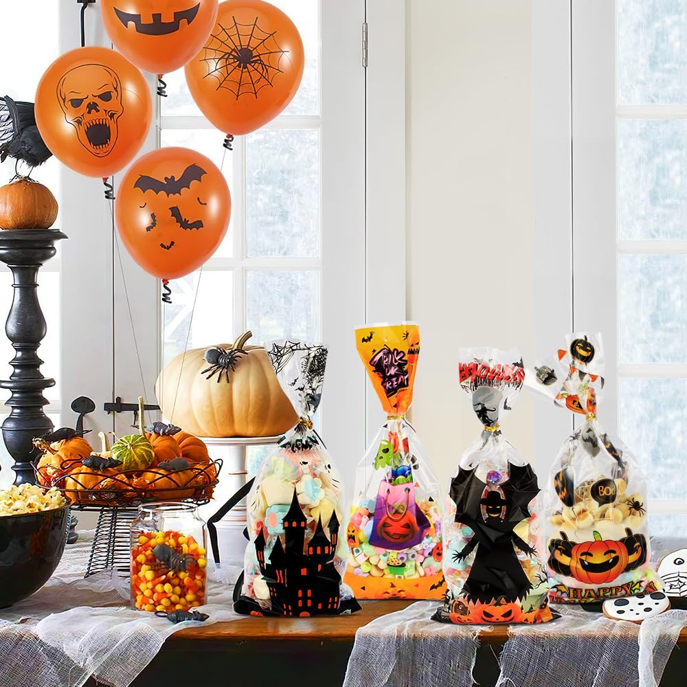 100PCS Clear Cellophane Treat Bags with Twist Ties - Halloween Candy Bags, Cookie Goodie Bags for Trick or Treat, Party Favors, Birthday Gifts & Holiday Treat Packaging