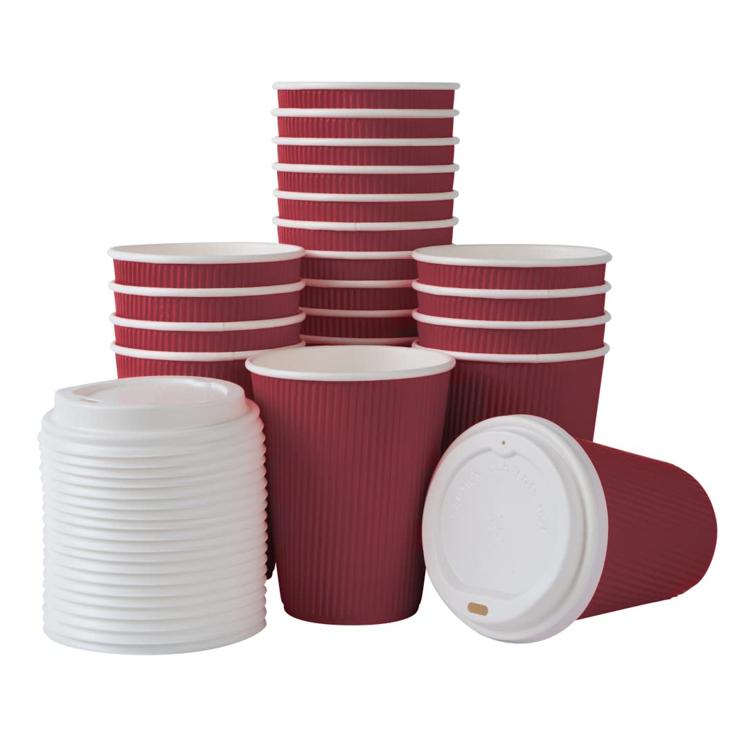 12oz Insulated Coffee Cups with Lids (200 Pack) - Leakproof & Non-Slip Crimson Disposable Paper Cups for Hot Beverages - Perfect for Coffee, Tea, Hot Cocoa, and Lattes at Cafés, Offices, and Events