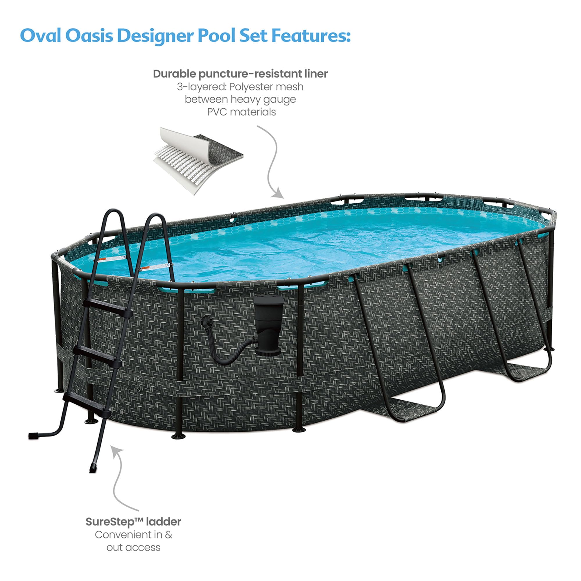 Funsicle 167x98x39.5 Inch Oasis Designer Oval Frame Above Ground Swimming Pool Set with Accessories in Dark Herringbone Gray - Perfect for Backyard, Garden, and Outdoor Family Fun
