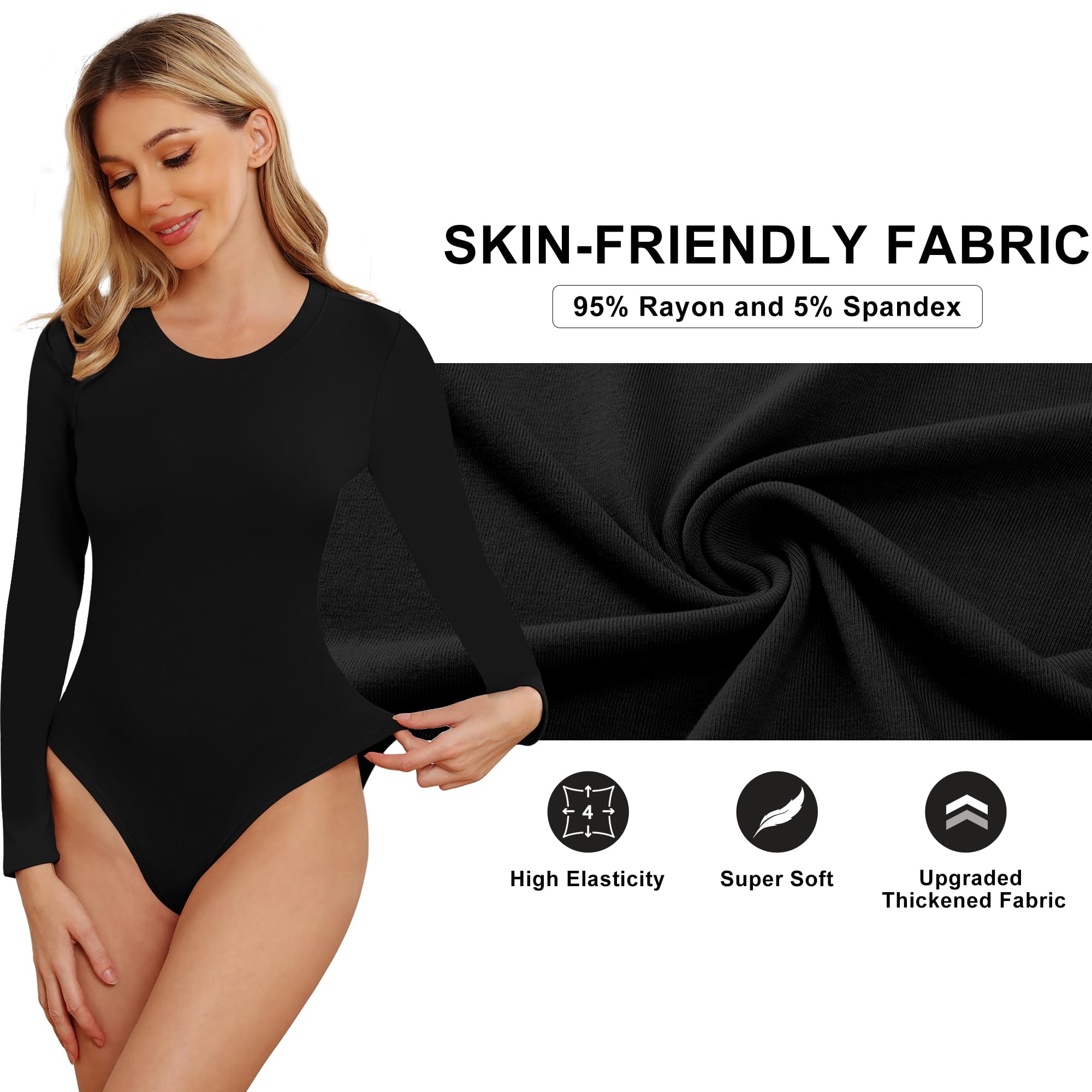 4/5 Pack Women's Long Sleeve Bodysuit - Stretchy Round Neck Basic Tops for Layering, Workout & Everyday Wear