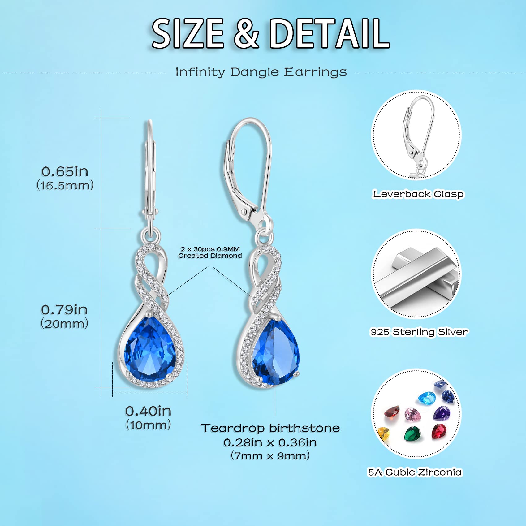 CZ Teardrop Earrings for Women - 925 Sterling Silver Infinity Leverback Earrings with Birthstone, 7x9mm Dangle Drop Jewelry - Perfect Birthday Gift for Wife, Her, Women | Elegant for Parties, Weddings, Date Nights