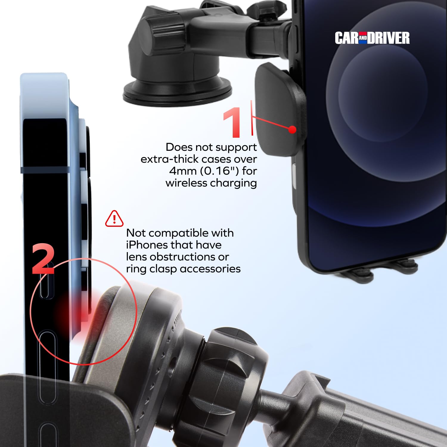 Car and Driver Wireless Charging Mount with Adjustable Arm - USB-C Fast Charger for iPhone & Android Phones - Long Arm Suction Cup for Windshield & Dashboard - Perfect for Road Trips & Commuting