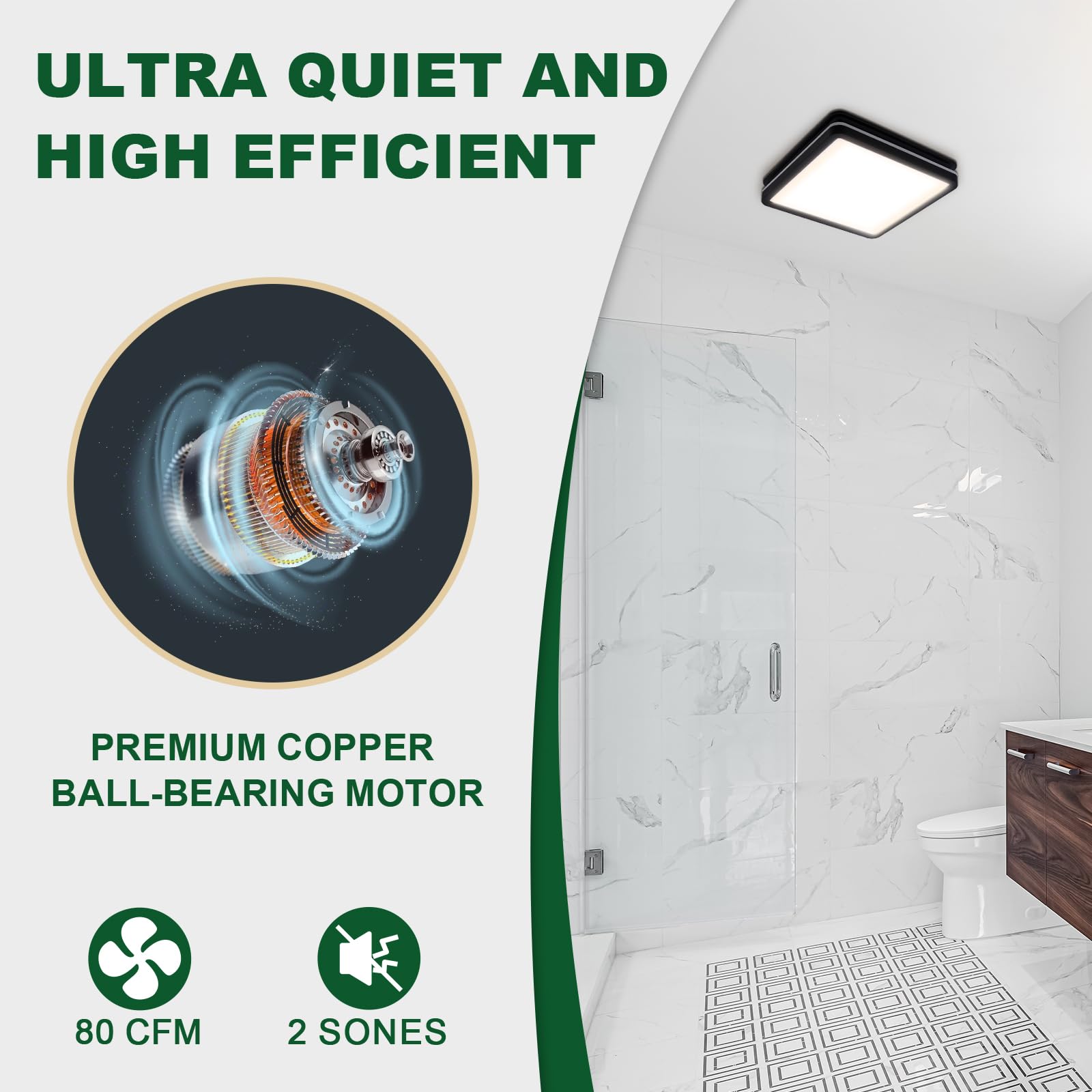 Akicon 80CFM Bathroom Exhaust Fan with Dimmable LED Light & Nightlight - Ultra Quiet 2.0 Sones Ventilation Fan for Bathroom Ceiling, 15W 3CCT Lighting - Perfect for Home, Shower Room, Toilet - Square Black Design (Ideal for Moisture Control & Air Circulation)