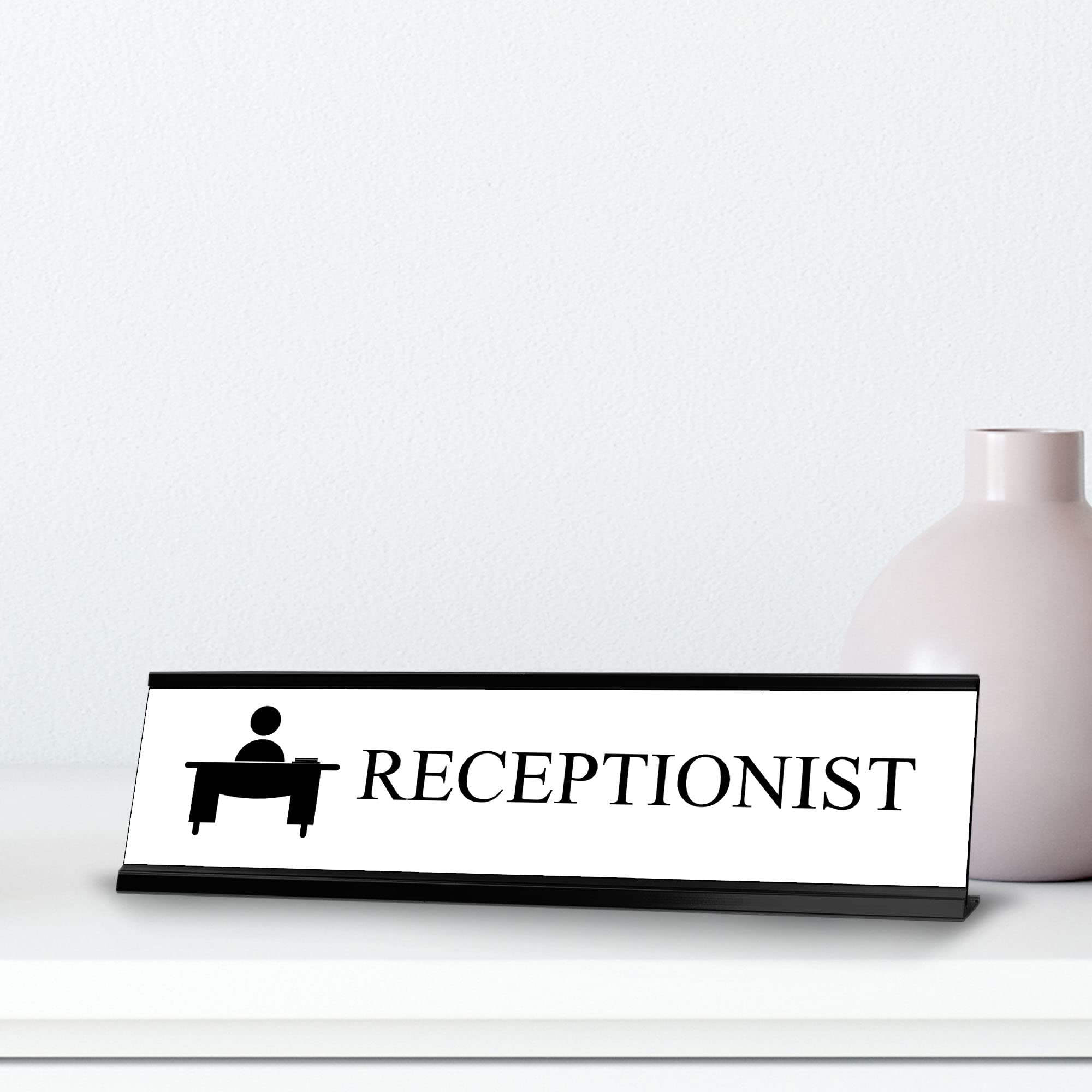 Professional Black Receptionist Desk Sign - 2x8 Inches - Elegant Office Nameplate for Front Desk & Corporate Use