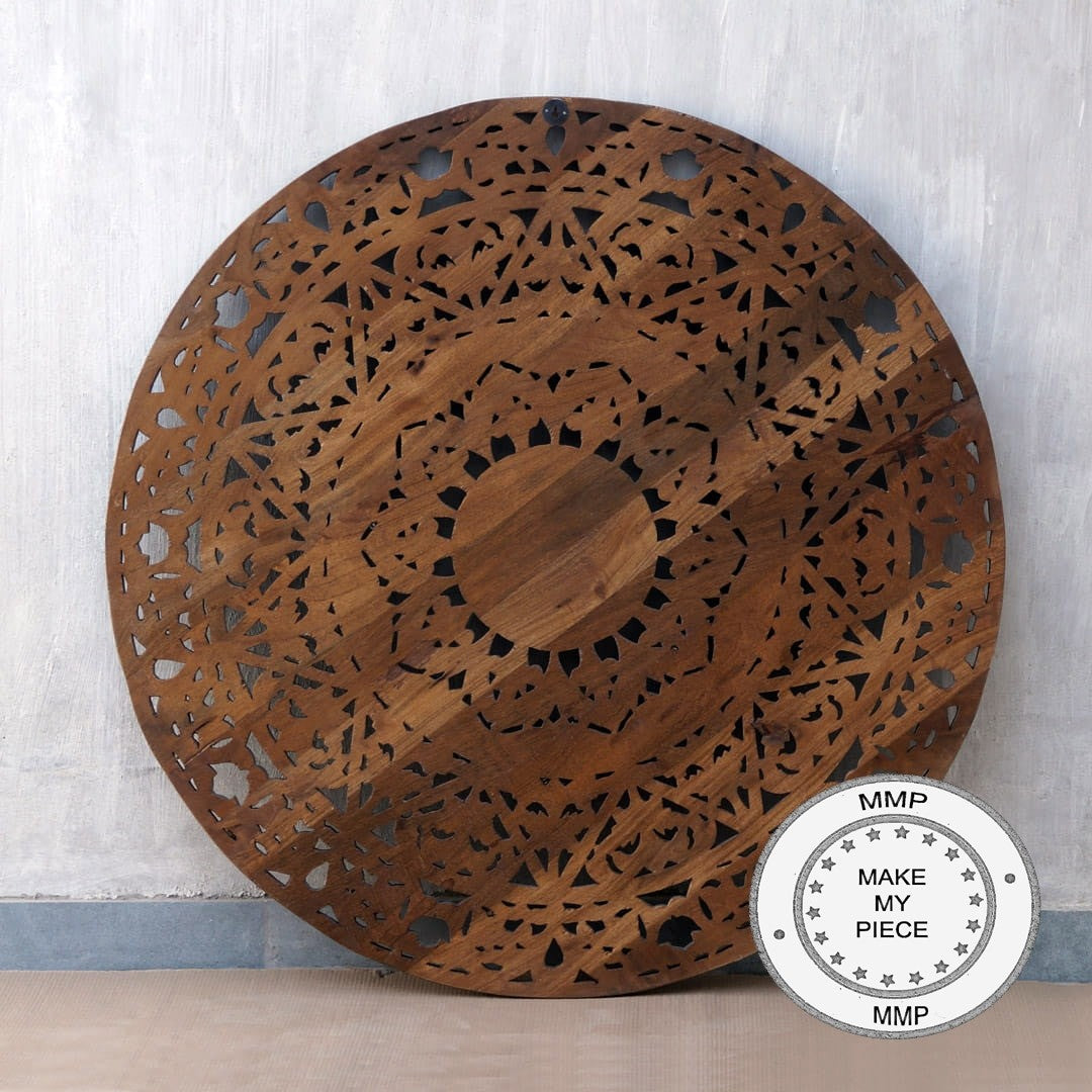 Hand Carved Indian Solid Wood Round Wall Decor Panel - Whitewashed Boho Chic Home Decor for Living Room, Bedroom & Dining Area