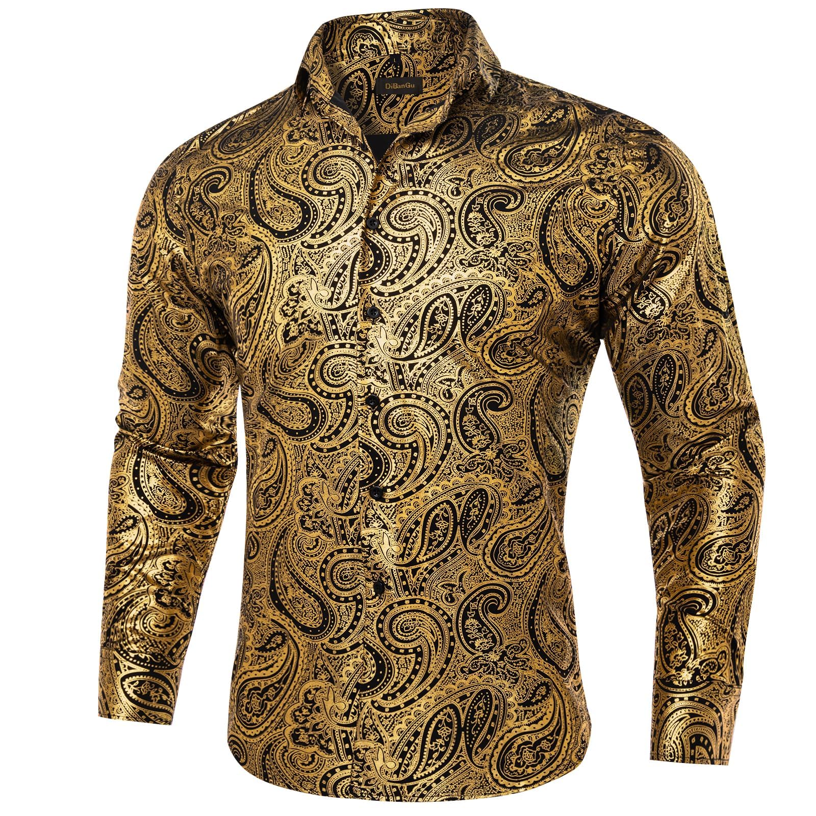 DiBanGu Men's Paisley Dress Shirt - Luxury Printed Long Sleeve Button Down Shirt, Regular Fit Shiny Formal Shirt for Wedding, Prom, Office & Special Occasions