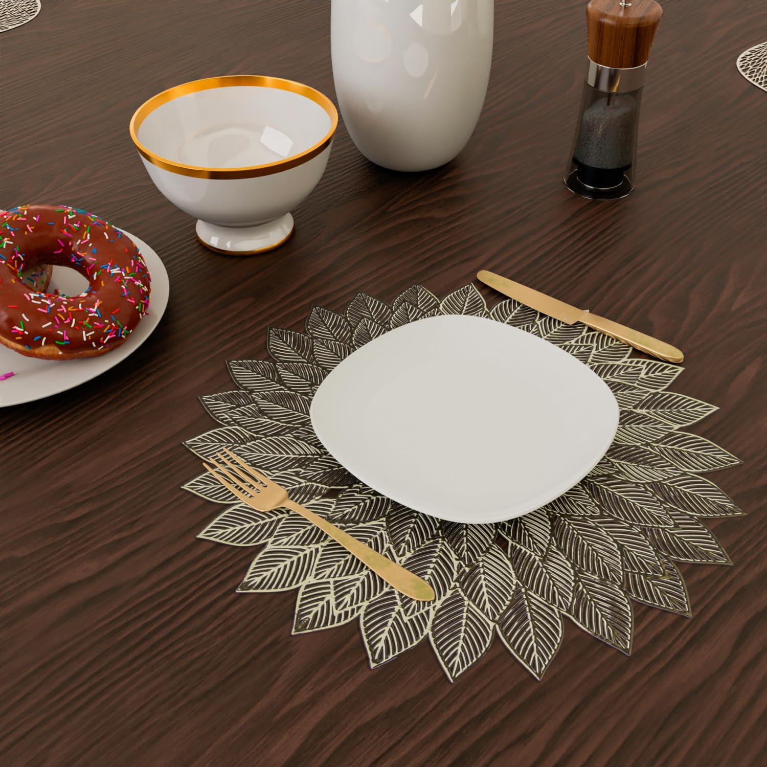 Kuber Industries Designer Round Flower Placemat Set - 4 Piece Golden Table Mats for Dining Room, Side Tables, and Home Decor