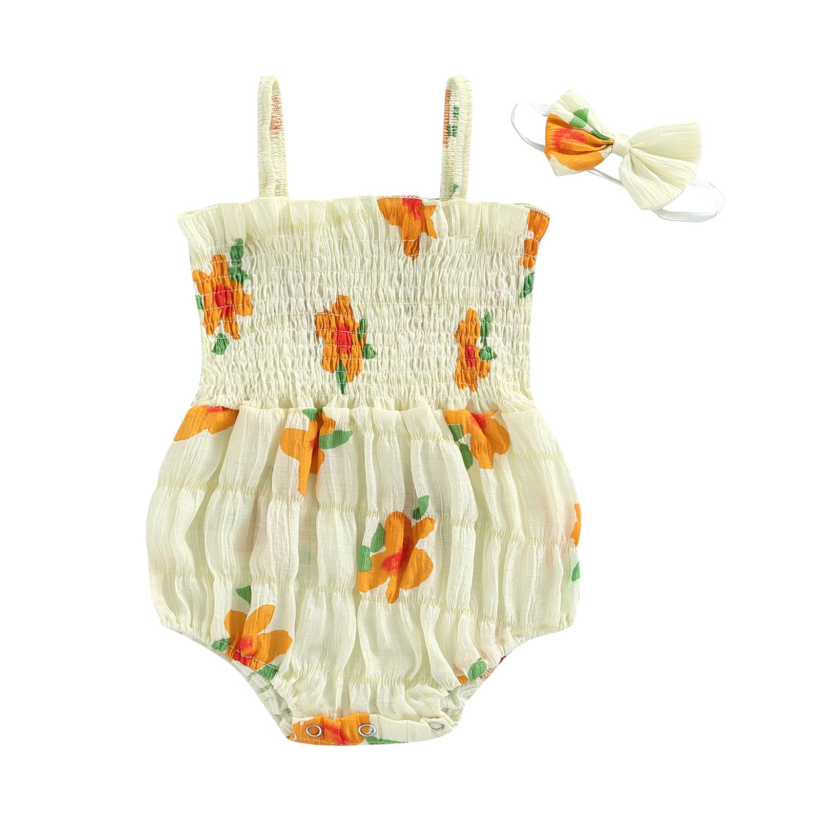 Baby Girl Floral Romper with Spaghetti Straps - Newborn Bubble Romper Bodysuit & Headband Set - Pleated Summer One-Piece Outfit for Infants - Perfect for Beach, Photo Shoots & Playtime