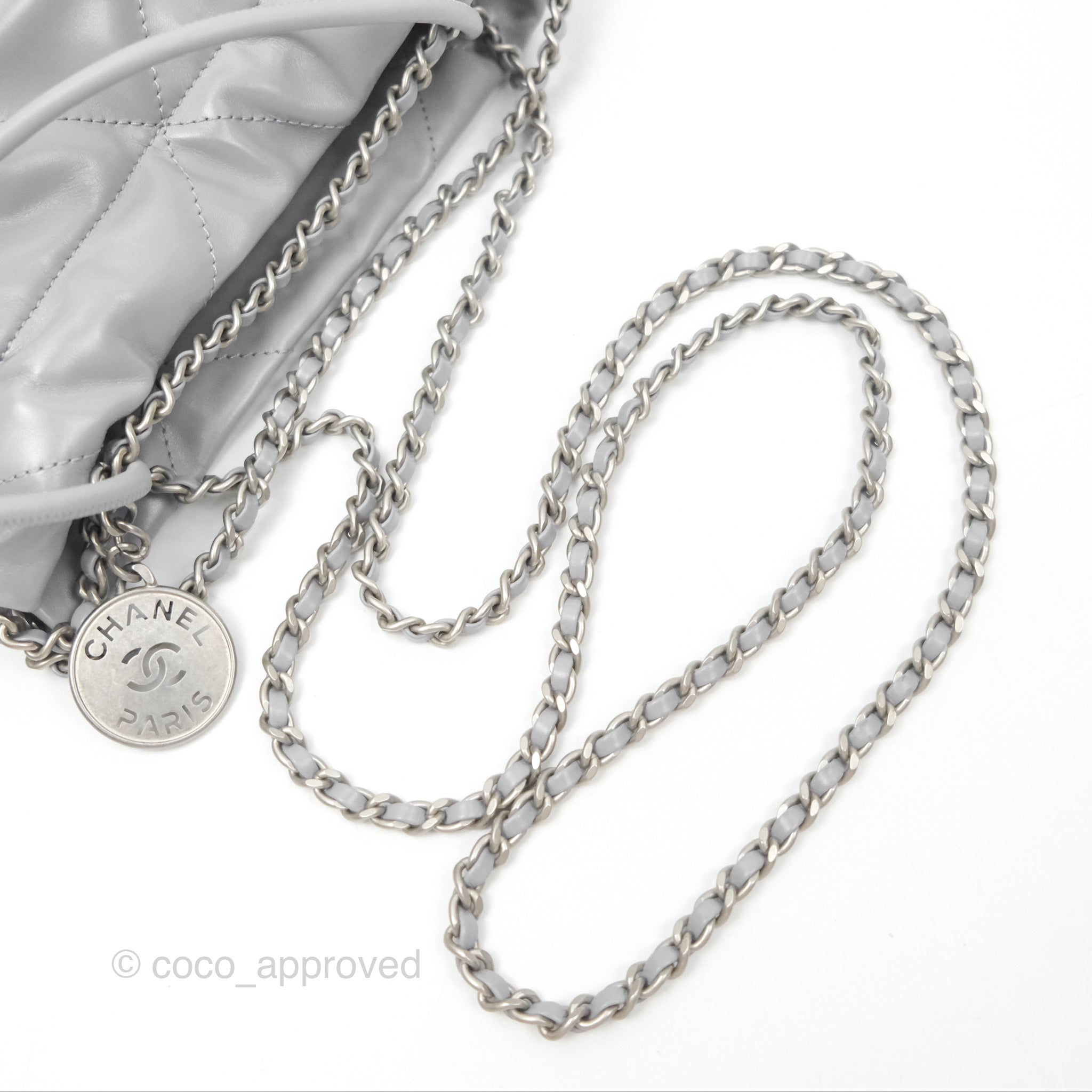 Chanel 22 Mini Bag Light Grey Shiny Crumpled Calfskin with Matte Silver Hardware - Luxury Crossbody Purse for Women, Perfect for Date Night & Evening Events