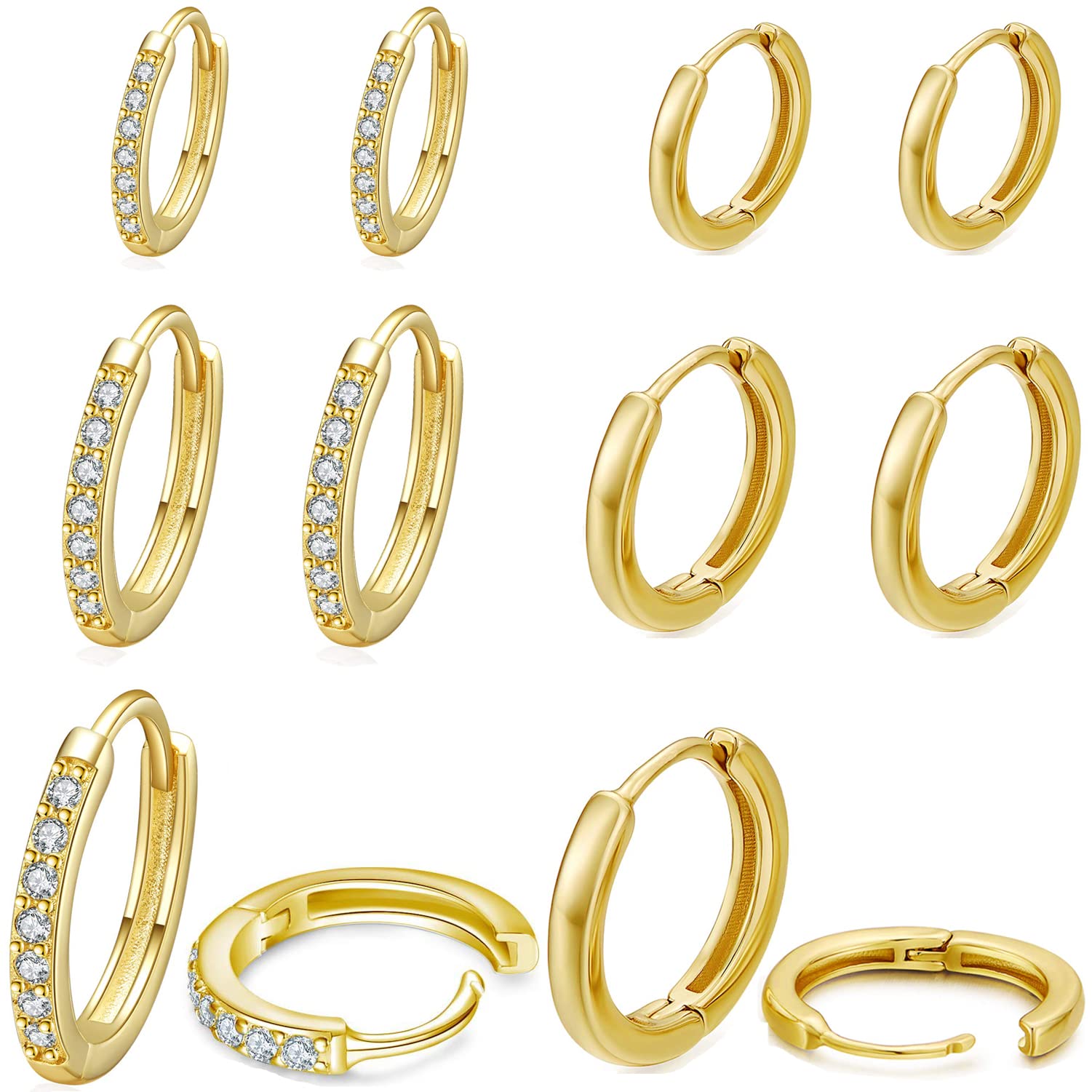 14K Real Gold & Silver Small Hoop Earrings for Women - 6 Pairs Tiny Cartilage Huggie Hoops with Cubic Zirconia - Perfect for Everyday Wear, Gifts & Special Occasions