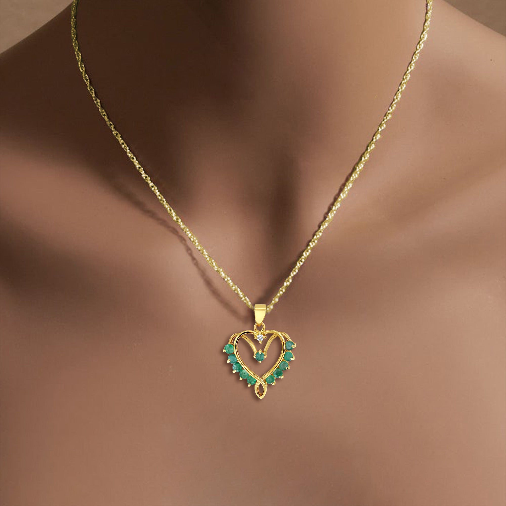 14K Yellow Gold Heart Shaped Emerald and Diamond Accent Necklace for Women - Elegant Gift for Valentine's Day, Anniversary & Special Occasions