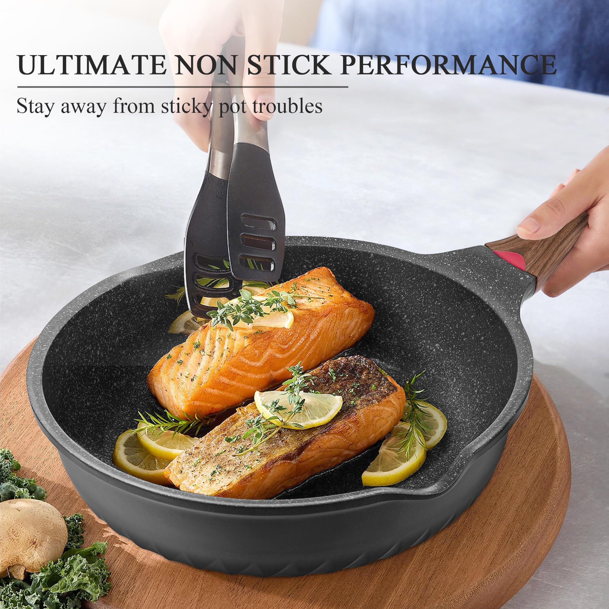 VINCHEF 12-Piece Nonstick Cookware Set - Induction Compatible Pots & Pans with Stay-Cool Handles, Frying Pans, Saute Pan with Lid, Silicone Utensils & Pot Protectors - PFAS & PFOA Free - Perfect for Home Cooking, Professional Kitchens & Everyday Meal Prep