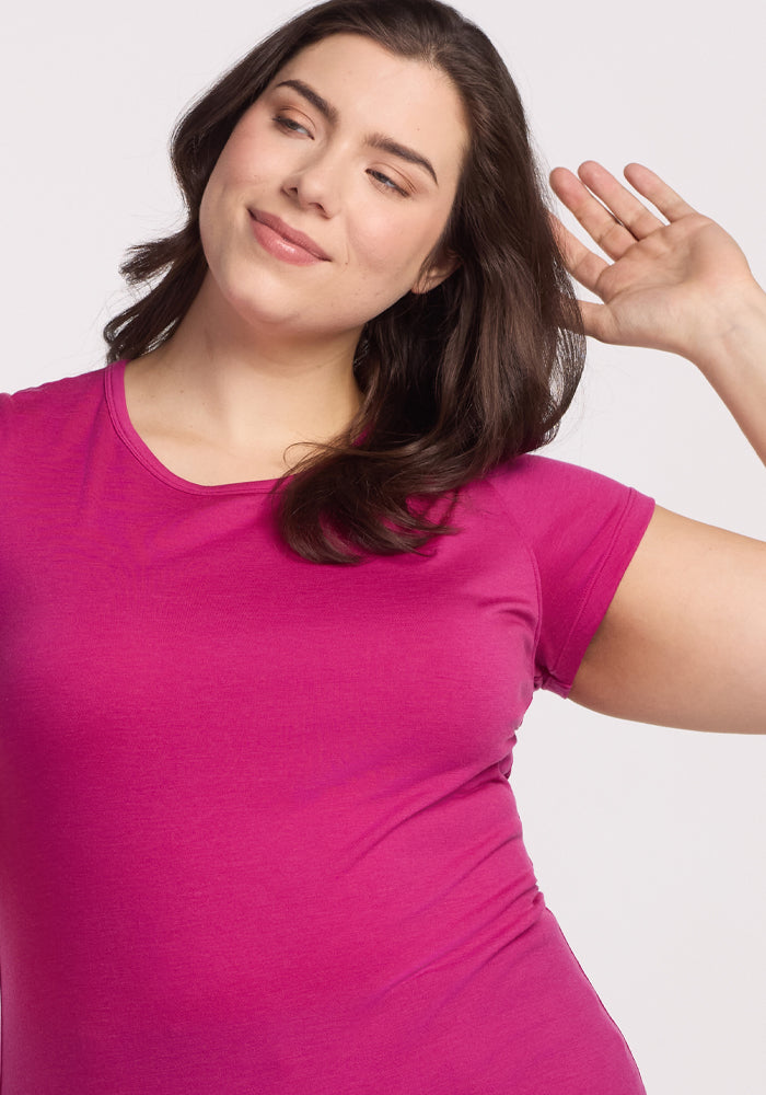 Addie Short Sleeve Crew Neck T-Shirt for Women - Soft Cotton Casual Top in Berry Punch Color - Perfect for Everyday Wear, Outings & Layering