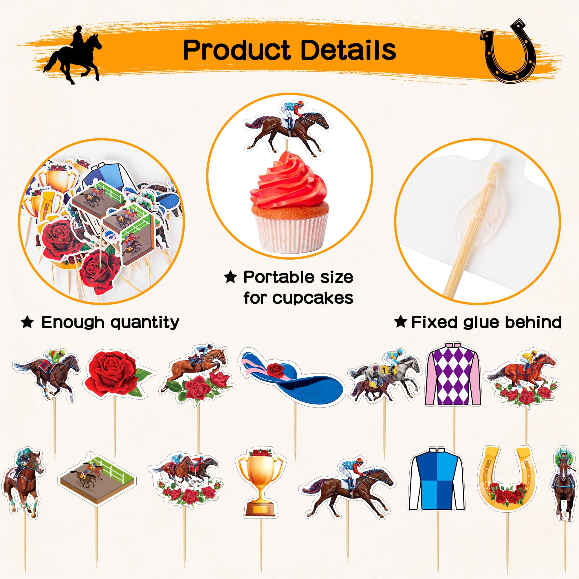 Kentucky Derby Cupcake Toppers - 30 PCS Horse Racing Party Decorations, Derby Day Cake Toppers with Toothpicks, Run for the Roses Themed Party Supplies - Perfect for Derby Parties, Birthday Cakes & Equestrian Events