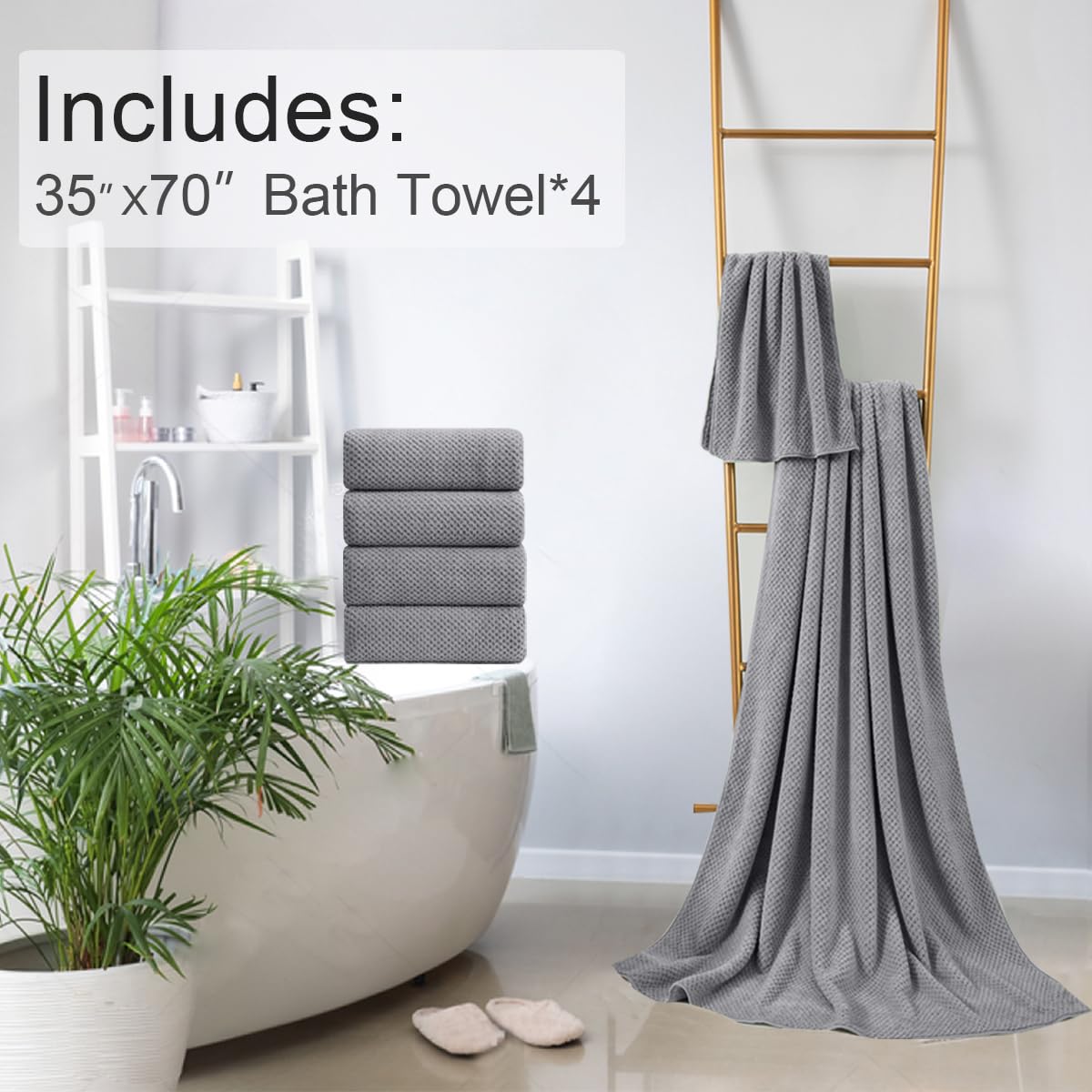 Hailea Gray Bath Towels Set 35x70 Inches - 600 GSM Luxury Oversized Bath Sheets, Extra Large Microfiber Quick Dry Towels - Super Soft, Highly Absorbent for Spa, Hotel & Home Bathroom (4-Pack) - Perfect for Showers, Beach, Gym & Guest Use