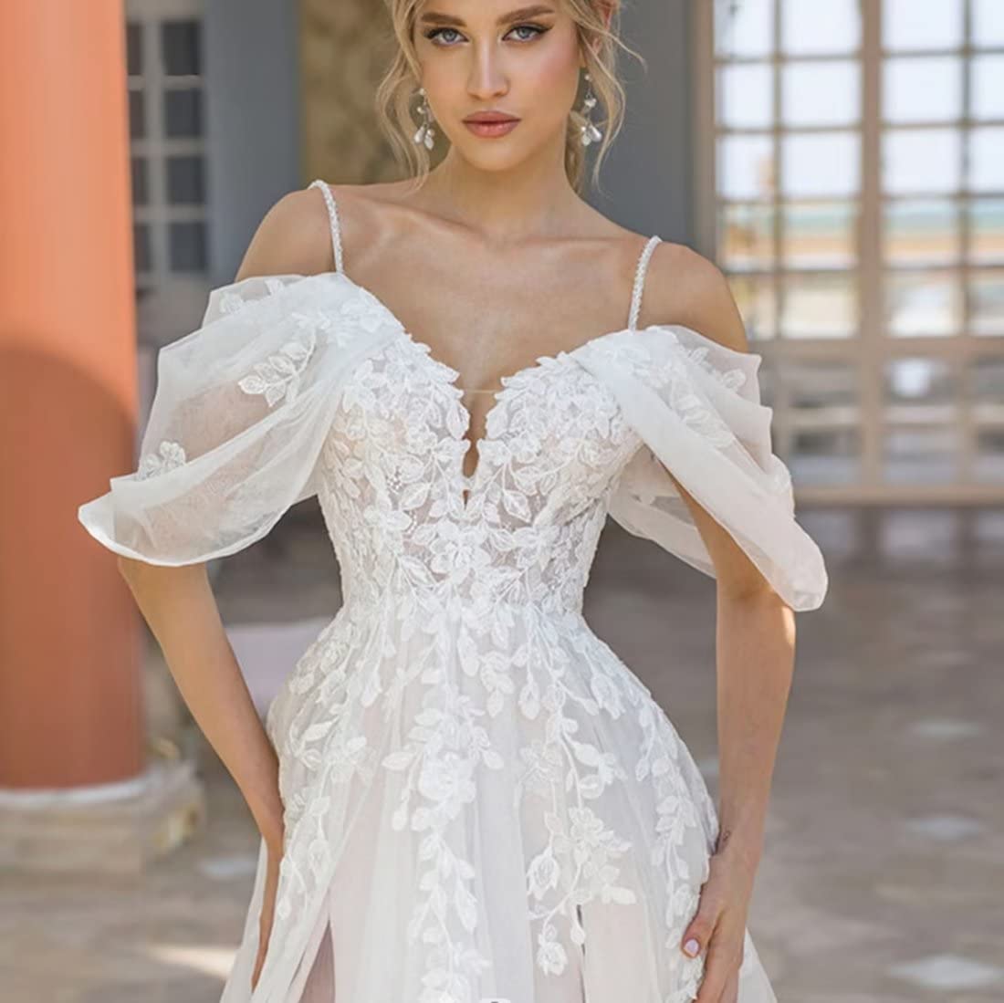 Elegant Off-Shoulder Long Lace Tulle Beach Wedding Dress with Slit & Sweep Train – Perfect for Beach Brides, Destination Weddings & Romantic Photoshoots