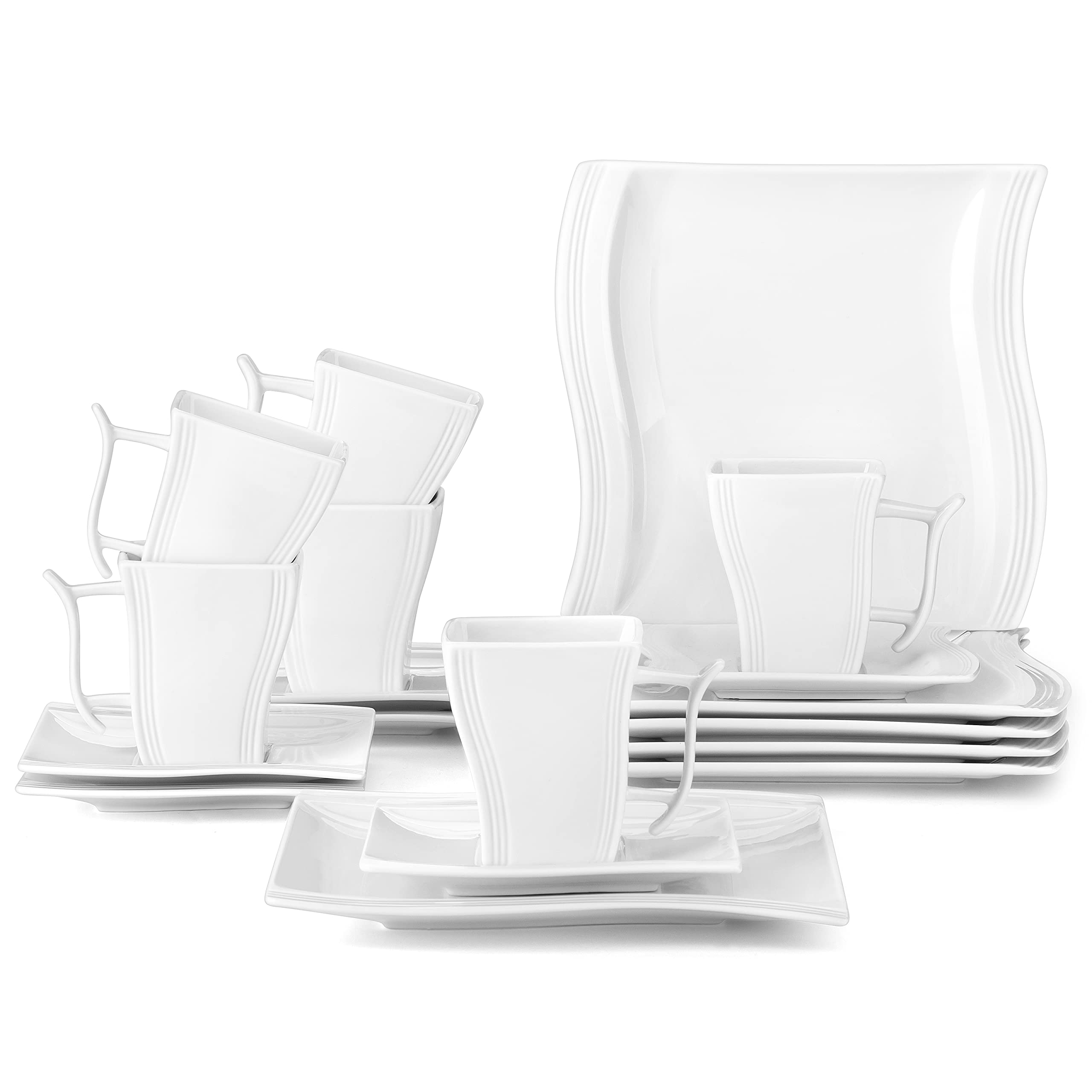 Premium 18-Piece MALACASA Square Porcelain Dinnerware Set - Ivory White Coffee Cups with Saucers, 7oz Mugs & 8.2