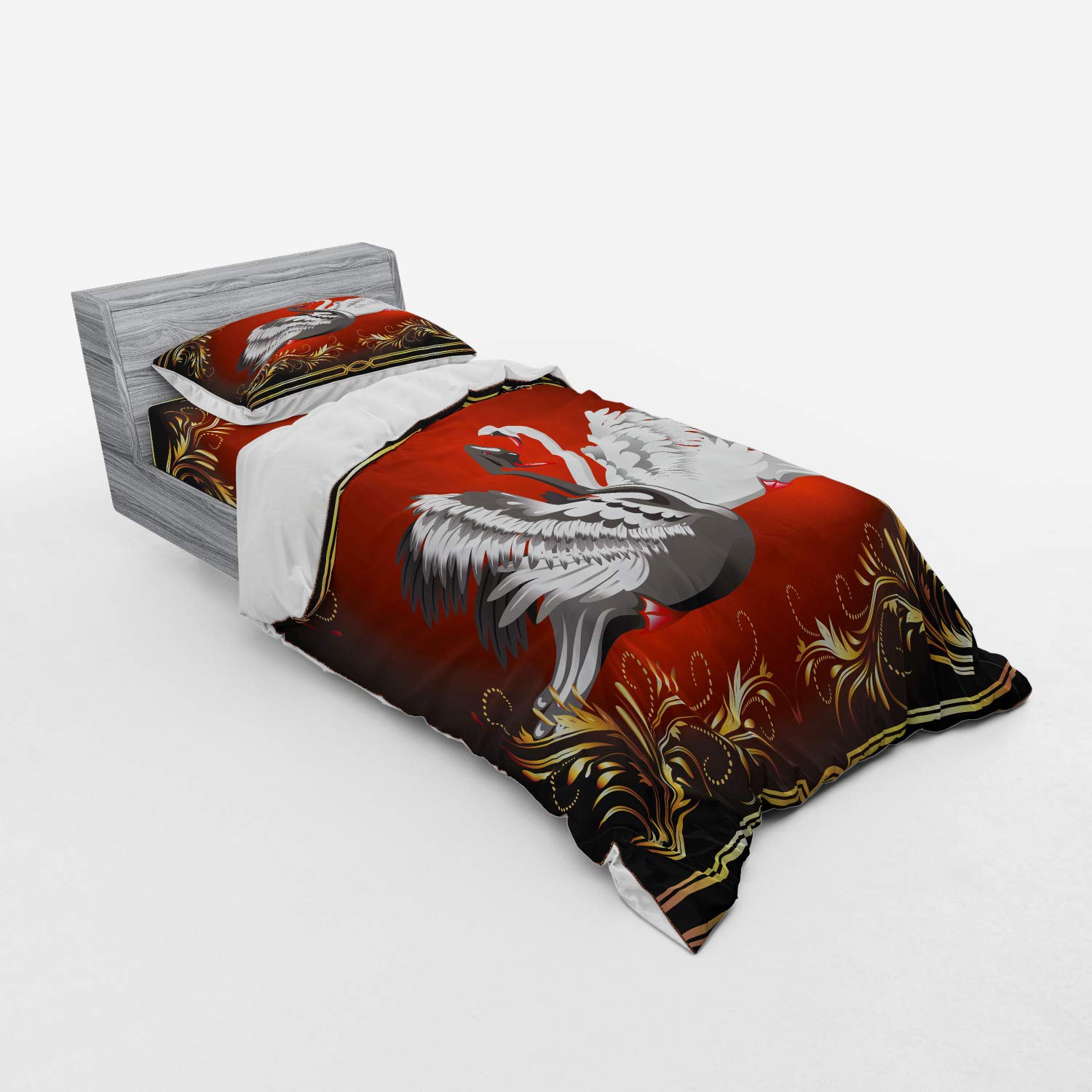 Ambesonne Black & White Swan Duvet Cover Set - 3 Piece Twin XL Bedding with Sham & Fitted Sheet, Romantic Animal Print for Couples | Perfect for Master Bedroom, Guest Room & Romantic Getaways