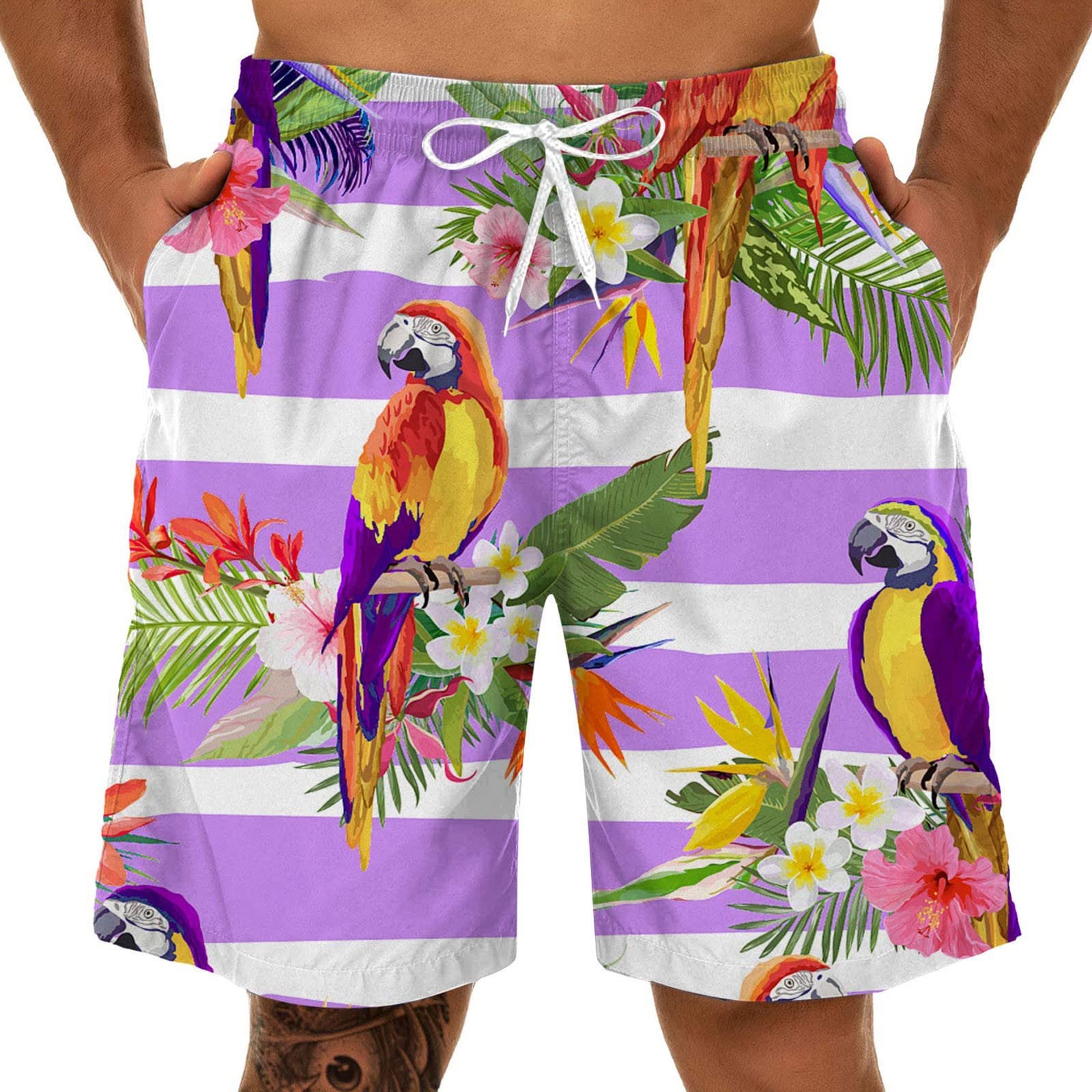 **Men's Linen Shorts - 3D Parrot & Floral Print Summer Casual Shorts for Sports & Leisure | Lightweight Breathable Comfort for Beach, Vacation & Outdoor Activities**