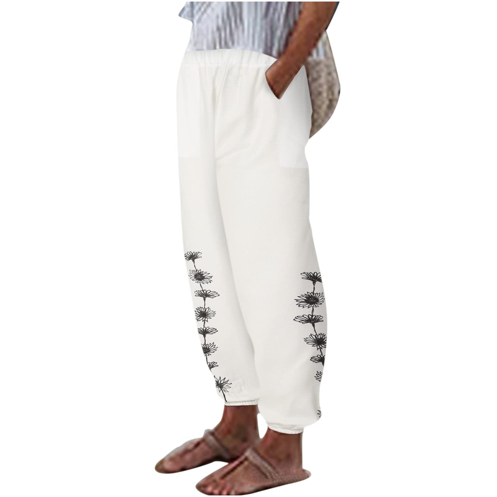 Women's Casual Linen Pants - Floral Print Boho Yoga Harem Pants with Pockets | Loose Fit Wide Leg Joggers for Yoga, Lounge & Summer Travel