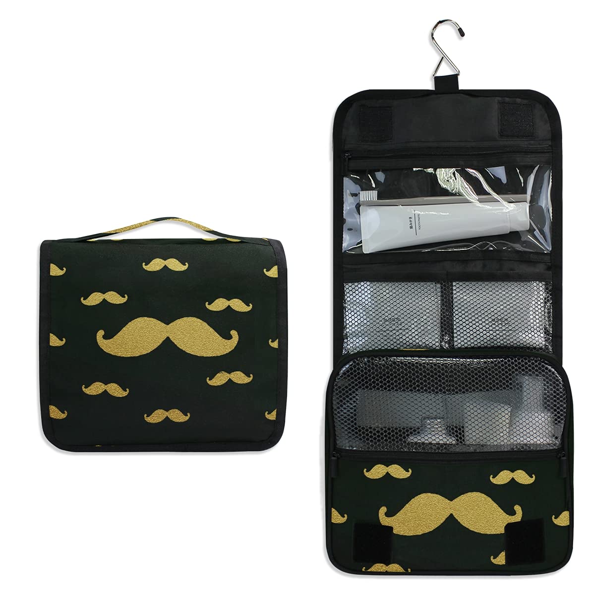 Susiyo Hanging Toiletry Bag - Gold Mustache Travel Cosmetic Organizer for Women | Waterproof Makeup Bag for Bathroom, Gym & Vacation Essentials