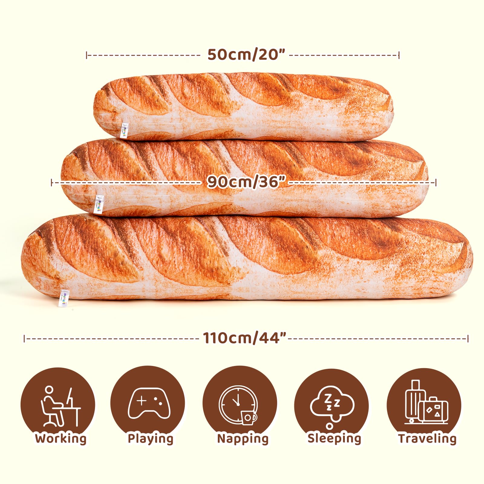 3D Simulation Bread Plush Pillow - Soft Butter Toast Body Pillow, Lumbar Support Cushion, Baguette-Shaped Stuffed Toy Gift for Kids & Adults (44 Inches) - Perfect for Home Decor, Office Comfort & Anime Cosplay
