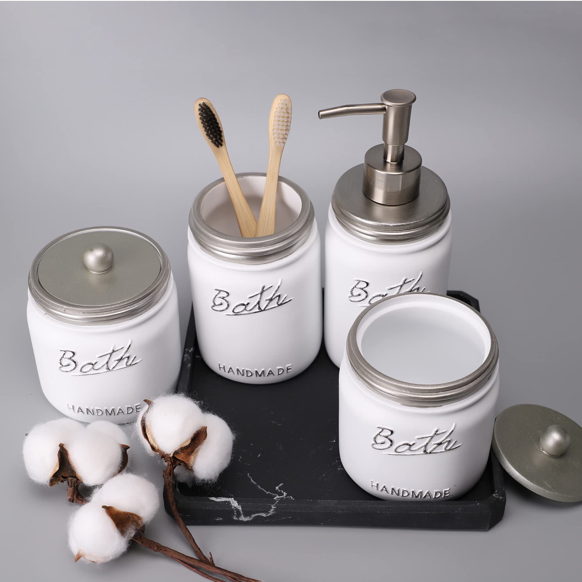 5PCS Mason Jar Bathroom Accessories Set - Toothbrush Holder, Soap Dispenser, Vanity Tray & Cotton Swab Organizer - Rustic Farmhouse Bathroom Decor (Silver/White) for Spa-Like Vanity Organization