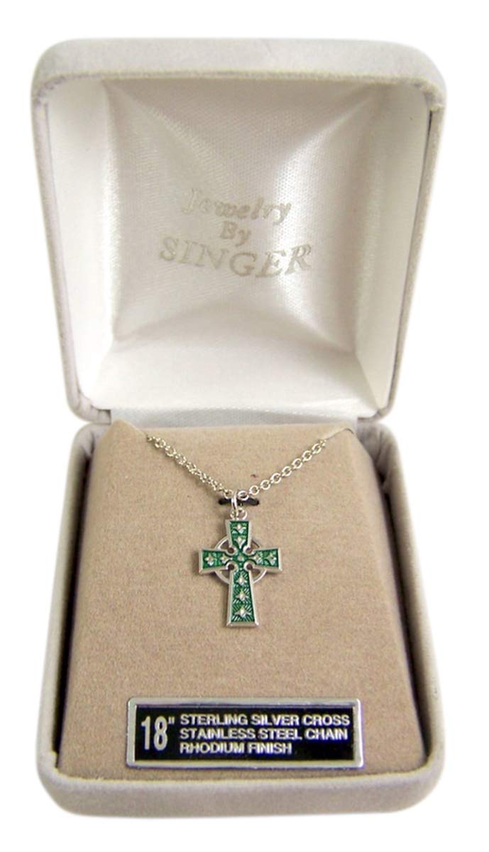 Authentic Sterling Silver Celtic Cross Pendant Necklace with Green Enamel Inlay - 5/8 Inch Elegant Religious Jewelry for Women - Perfect for Church, Weddings & Everyday Faith-Based Fashion