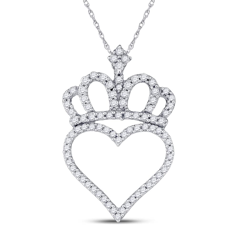 10K White Gold Women's Round Diamond Crown Heart Pendant Necklace - 1/3 CTTW - Perfect for Valentine's Day Gifts, Anniversary Presents & Special Occasions