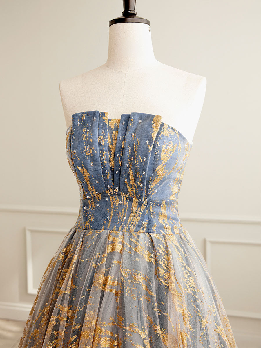 Elegant A-Line Gold and Blue Lace Short Prom Dress with Beading - Perfect for Homecoming, Prom Night & Special Occasions