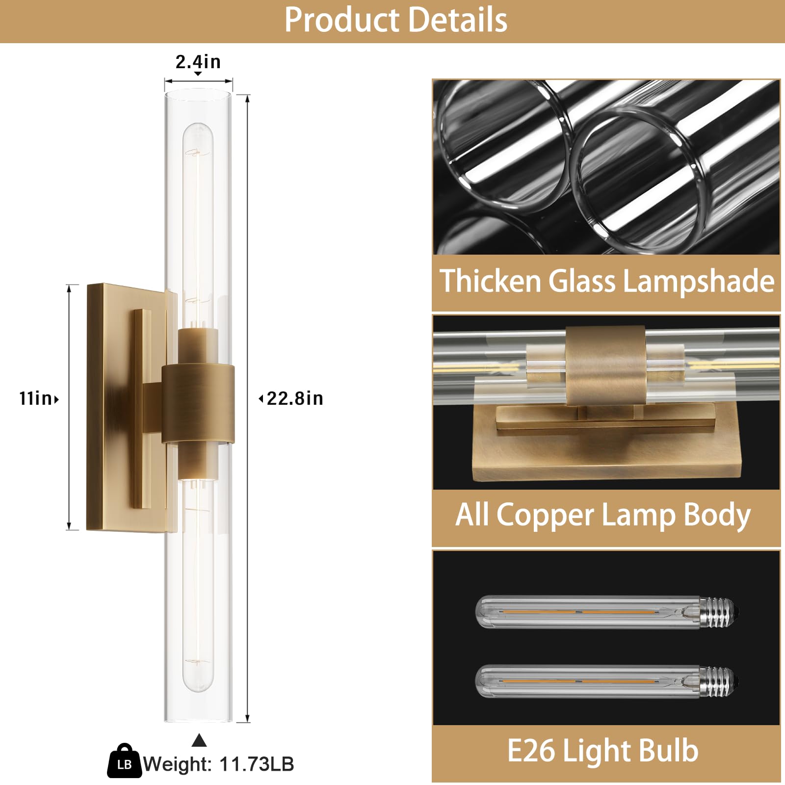Elegant Gold Wall Sconces Set of 2 - 22.8