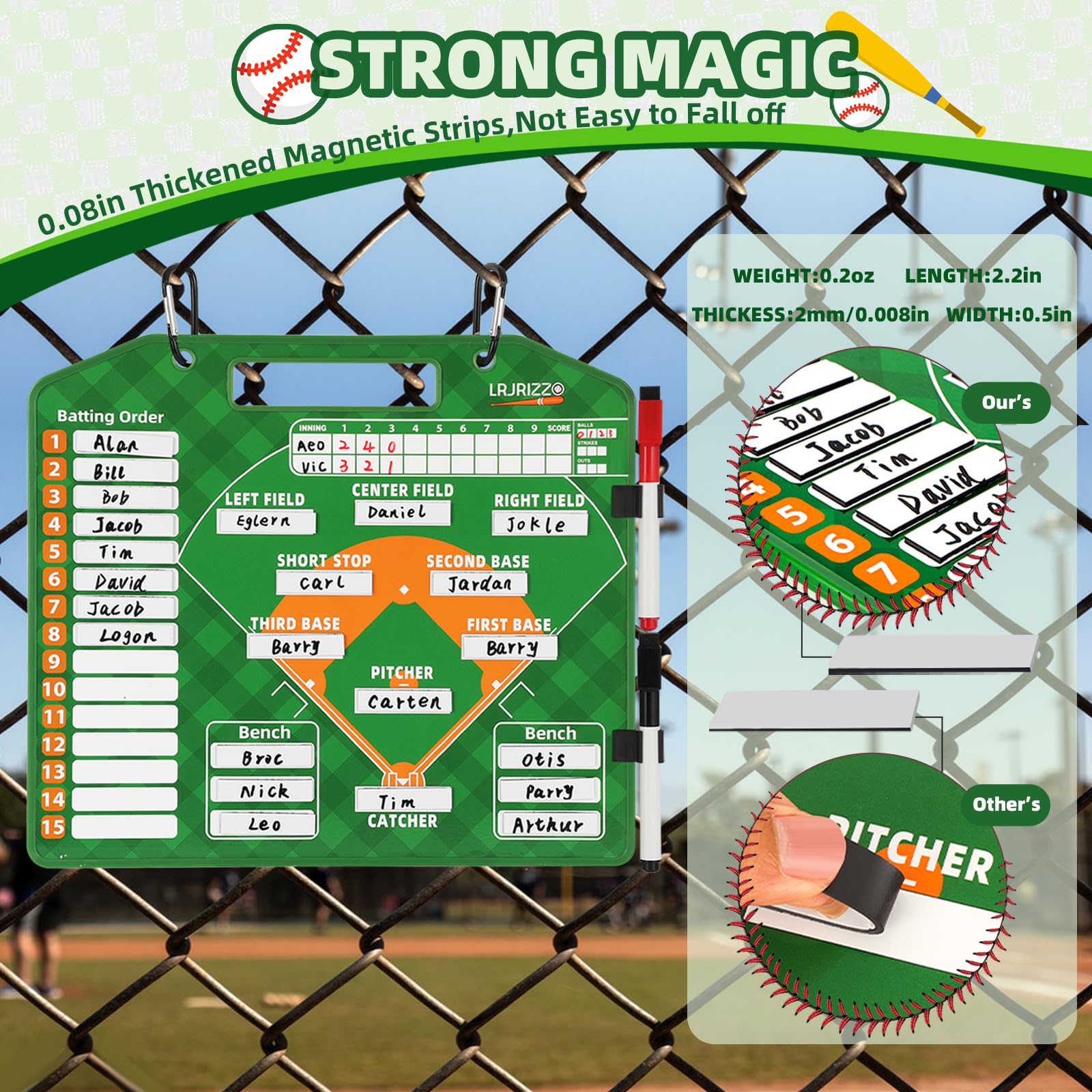 Magnetic Baseball Lineup Board - Dry Erase Dugout Clipboard for Coaches | Softball & Baseball Lineup Cards with Marker | Coaching Accessories (Green) - Perfect for Game Strategies & Team Management