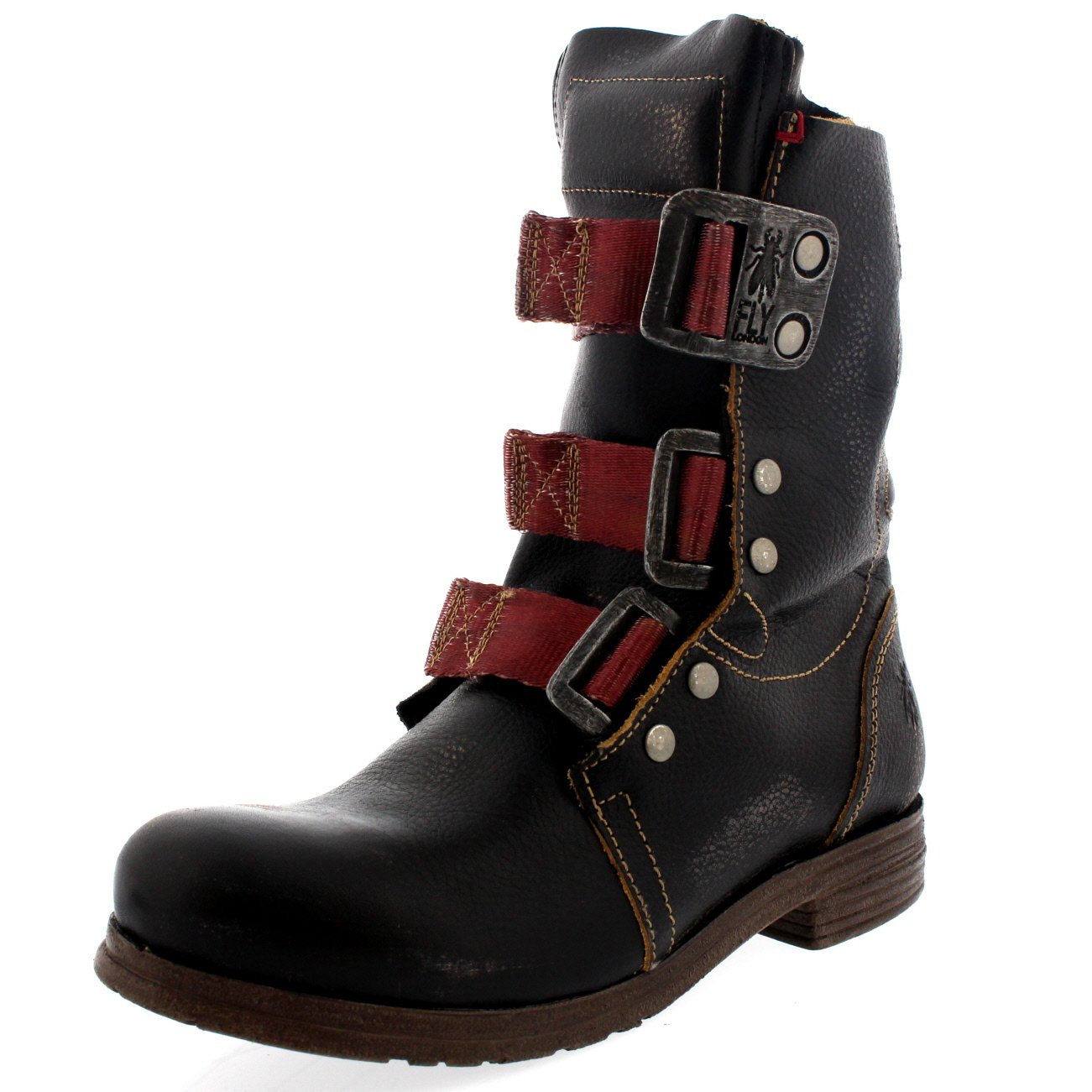 Women's Fly London Stiff Leather Pull-On Military Biker Ankle Boots with Buckle - Stylish & Comfortable for Riding, Casual Wear & Night Out