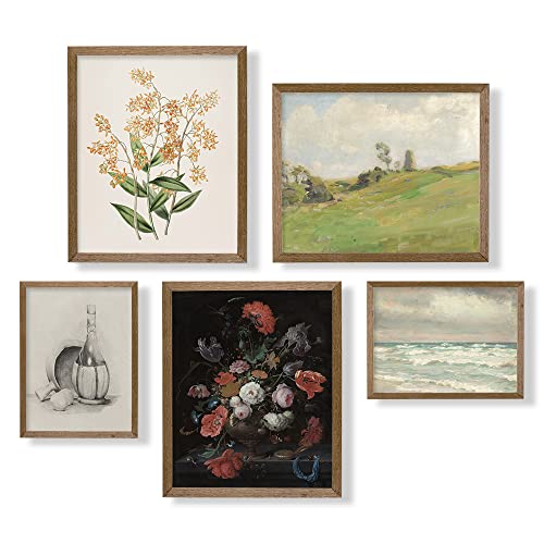 Vintage Botanical Wall Art - Set of 5 Floral Prints for Farmhouse Decor