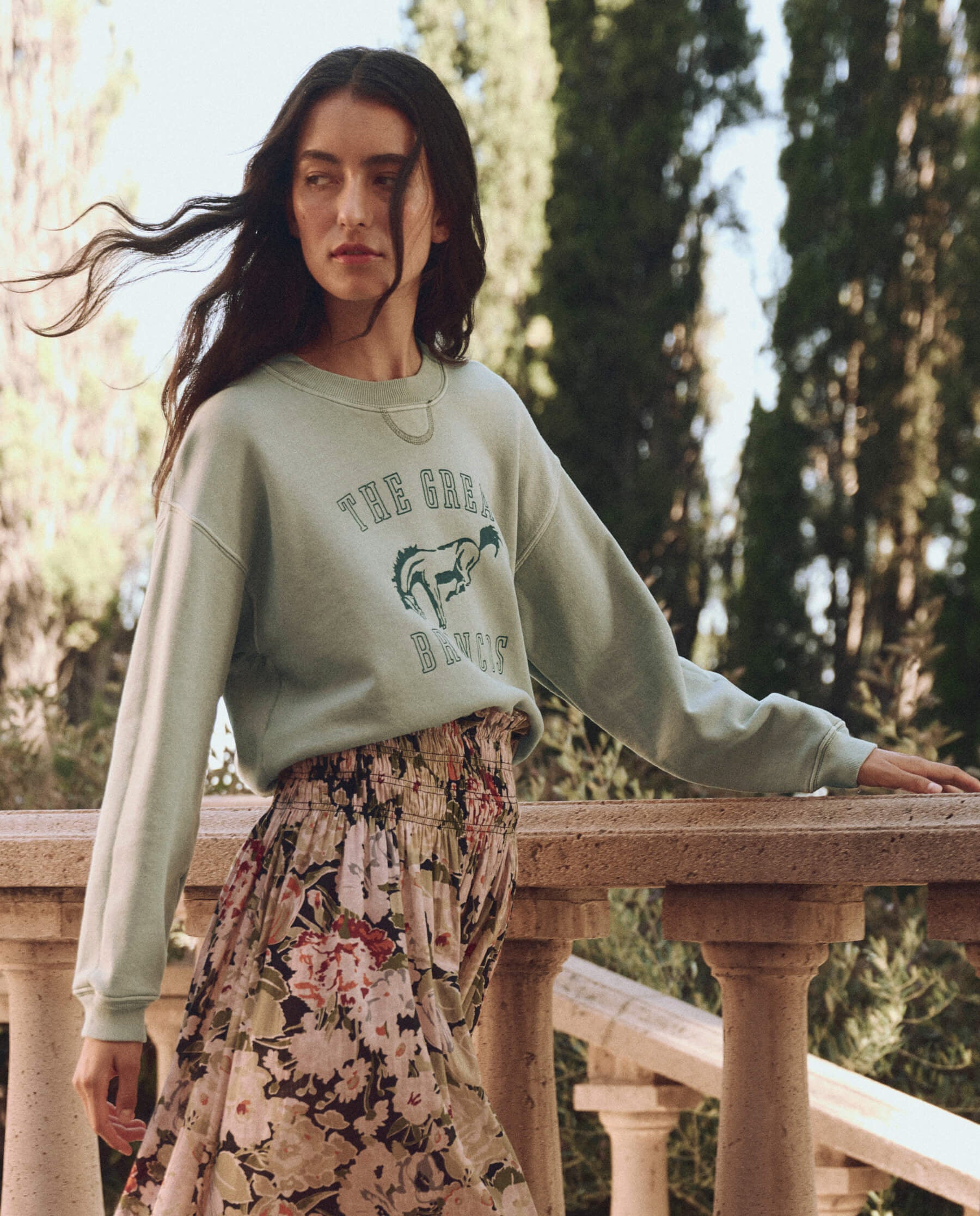 The League Graphic Sweatshirt - Smoke Green with Bucking Bronco Design | Casual Streetwear for Men & Women | Perfect for Outdoor Activities and Everyday Wear