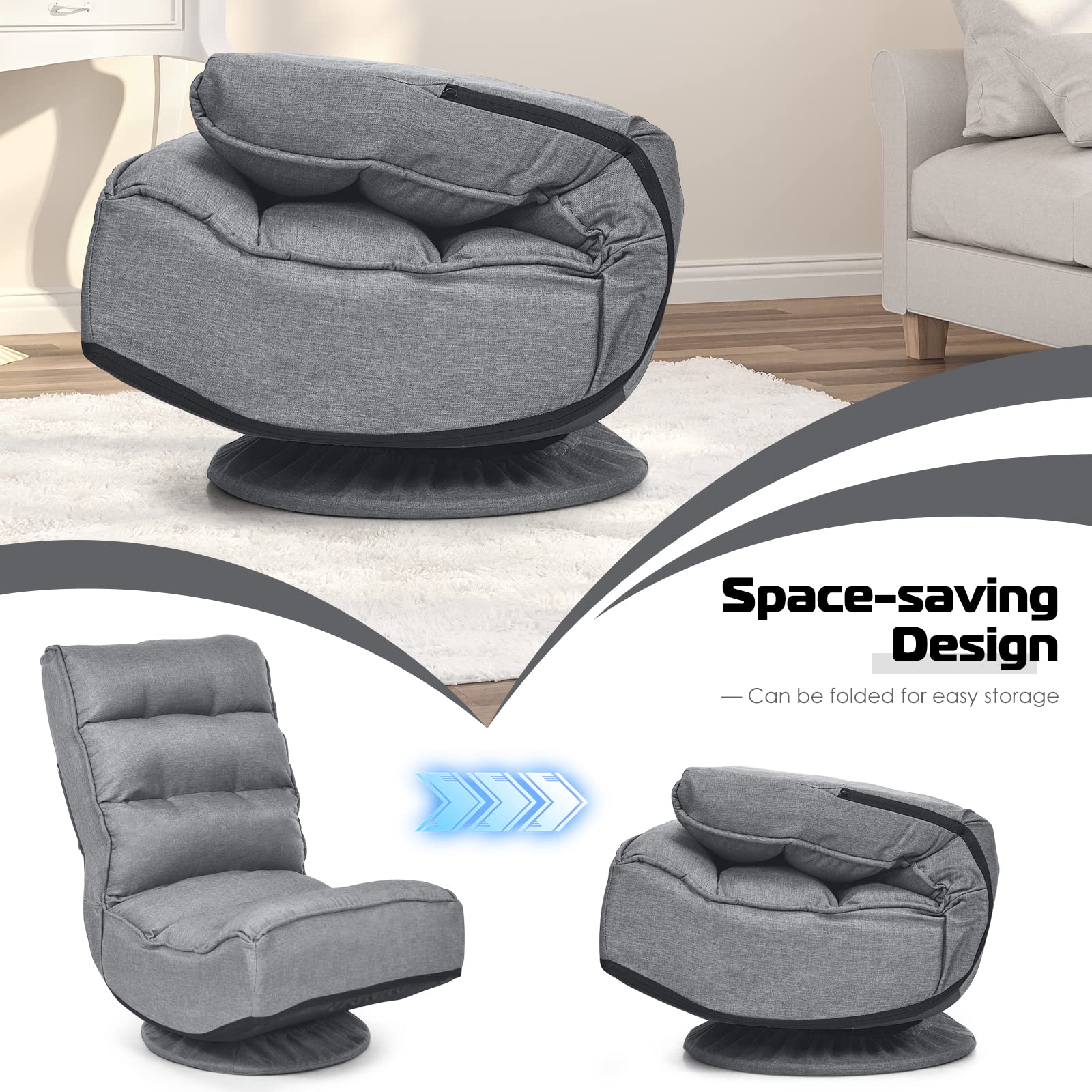 COSTWAY Adjustable 5-Position Folding Floor Chair with 360° Swivel - Ergonomic Gaming & Lounge Chair with Removable Cover & Padded Backrest - Perfect for Living Room, TV Watching, Reading & Video Games (Grey)
