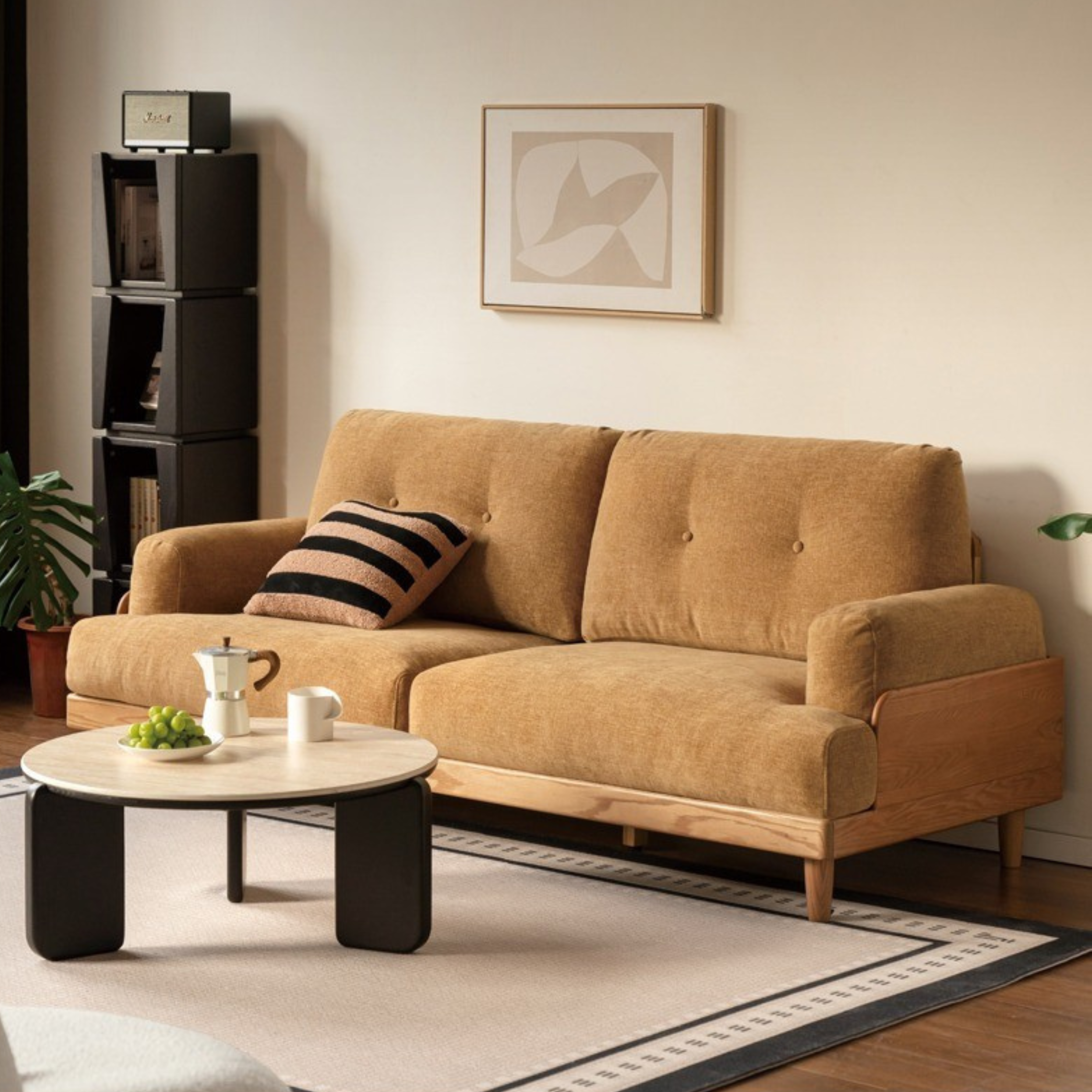 Premium Oak Solid Wood High Back Sofa with Genuine Leather & Fabric Upholstery - Modern Living Room Furniture for Home & Office Comfort
