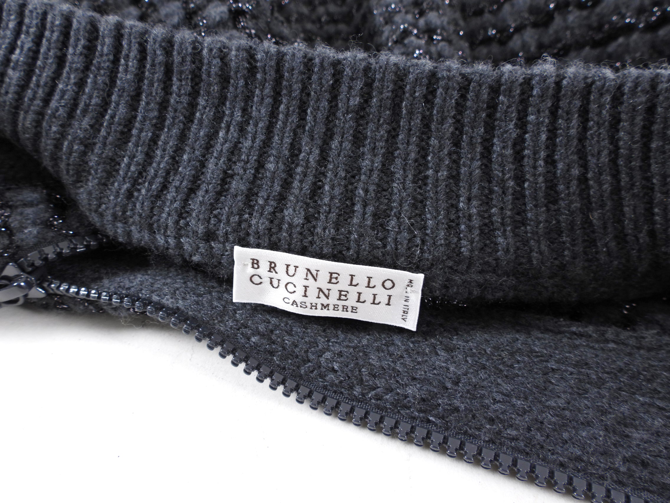 Brunello Cucinelli Charcoal Grey Shimmer Knit Zip Sweater - Premium Cashmere Pullover for Men | Office Wear & Casual Outfits
