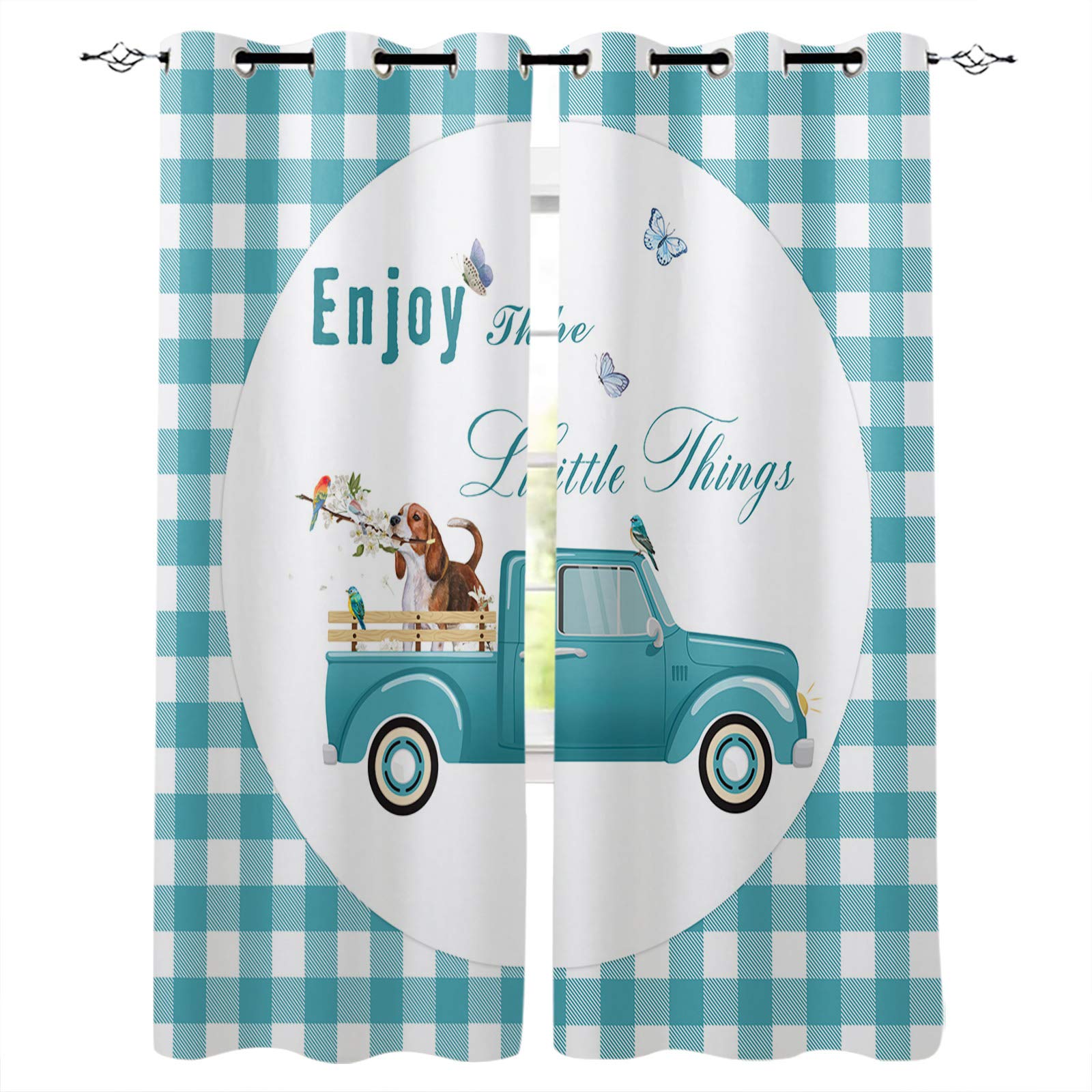 Farmhouse Kitchen Curtains - Dog Holding Flower Fence Design, Insulated Grommet Blackout Drapes with Noise Reduction, Watercolor Teal Gingham Window Treatments for Living Room & Bedroom | Perfect for Farmhouse Decor, Cozy Home Atmosphere & Light Control