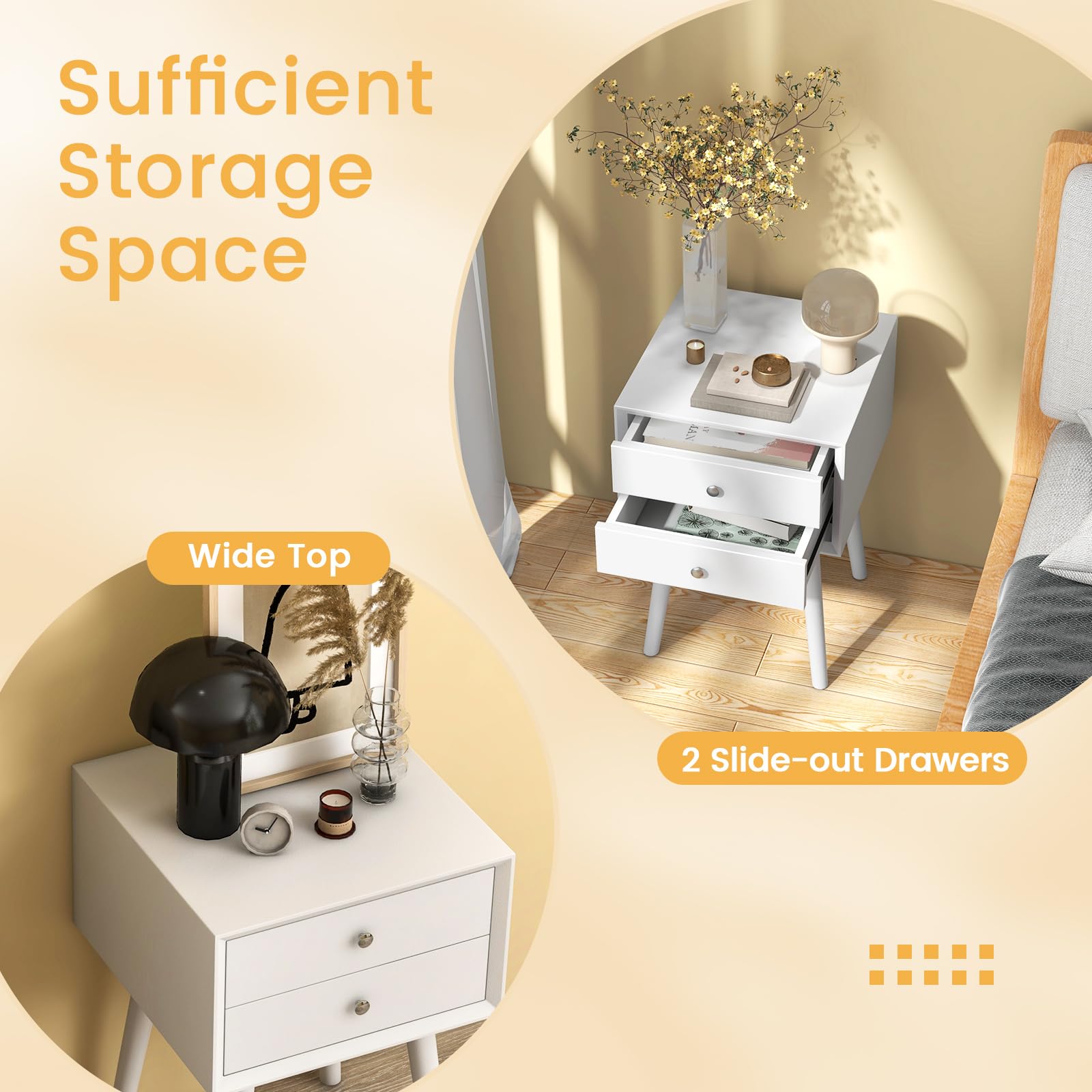 Giantex White Nightstand with 2 Drawers - Solid Wood Bedside Table for Bedroom & Living Room
