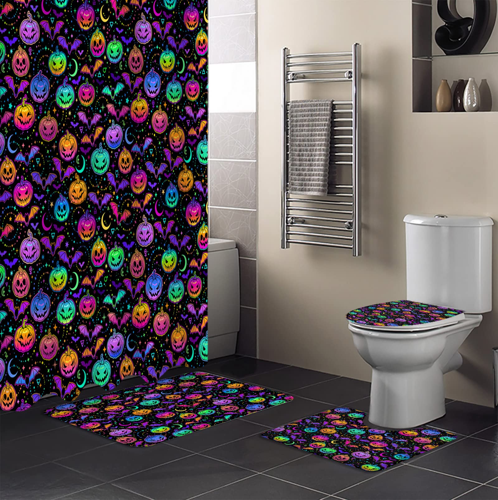 **4-Piece Halloween Pumpkin Grimace Bat Bathroom Mat Set - Non-Slip Shower Curtain, Toilet Seat Cover & Large Rugs (72x72in) - Spooky Bathroom Decor for Halloween & Fall Season**