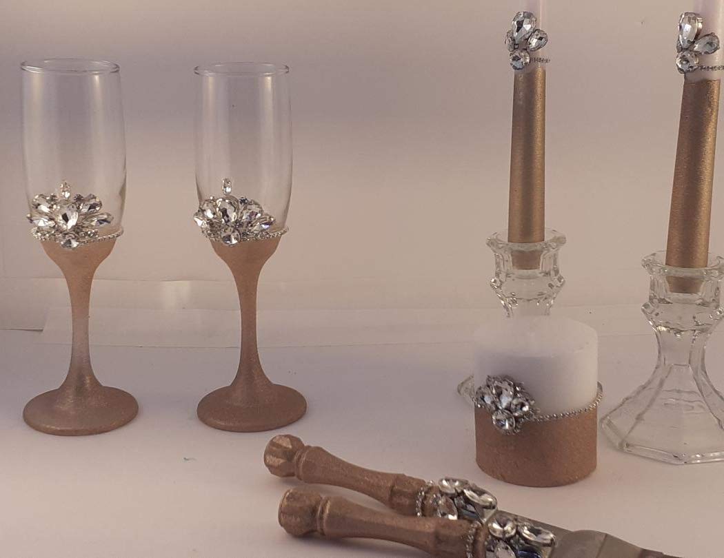 Elegant Rose Gold Champagne Glasses Set with Serving Tray & Decorative Candles - Perfect for Weddings, Anniversaries & Romantic Dinners