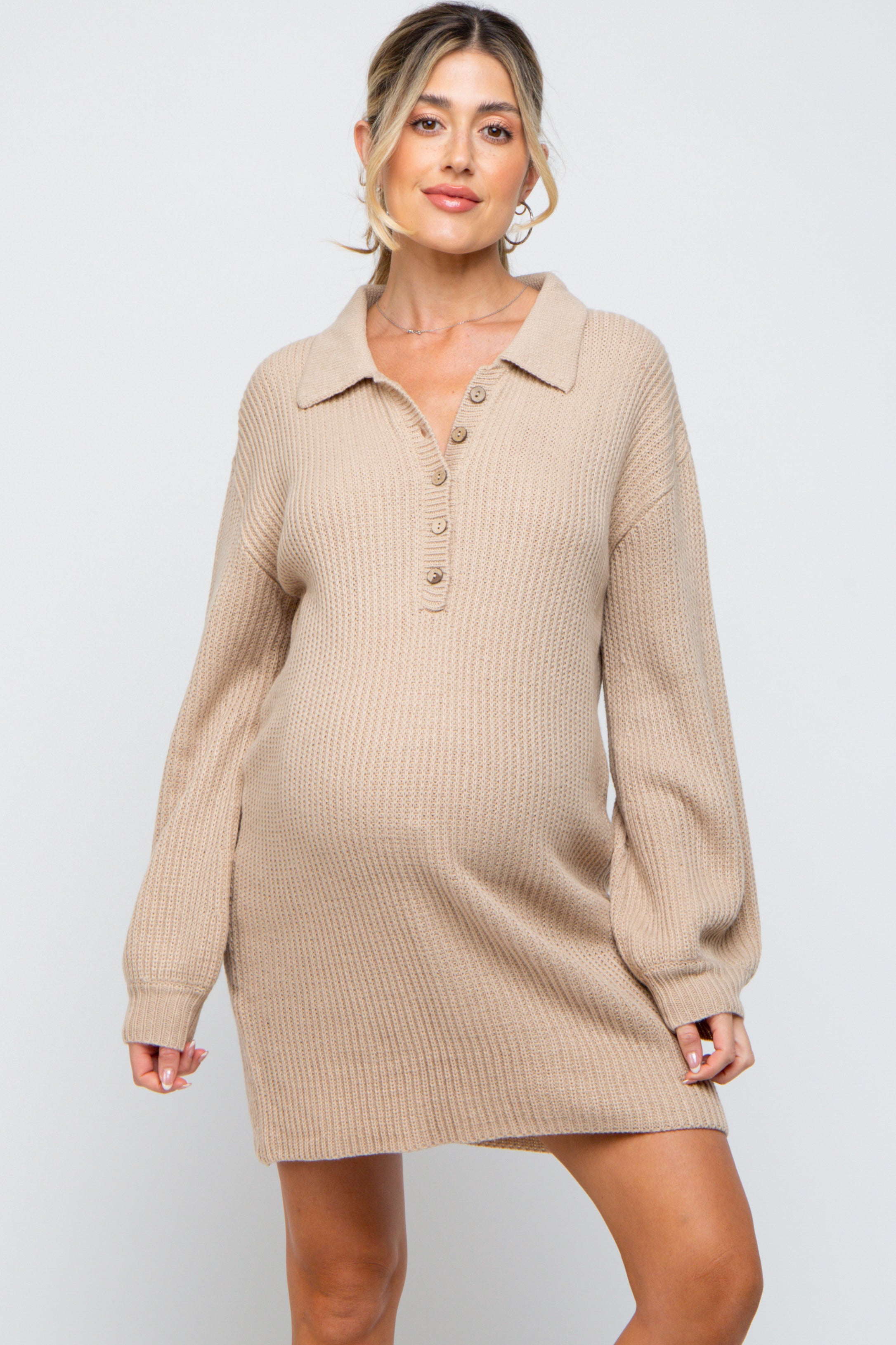 Beige Maternity Sweater Dress with Collar & Button Front - Soft & Comfortable Pregnancy Outfit for Work, Parties & Casual Wear