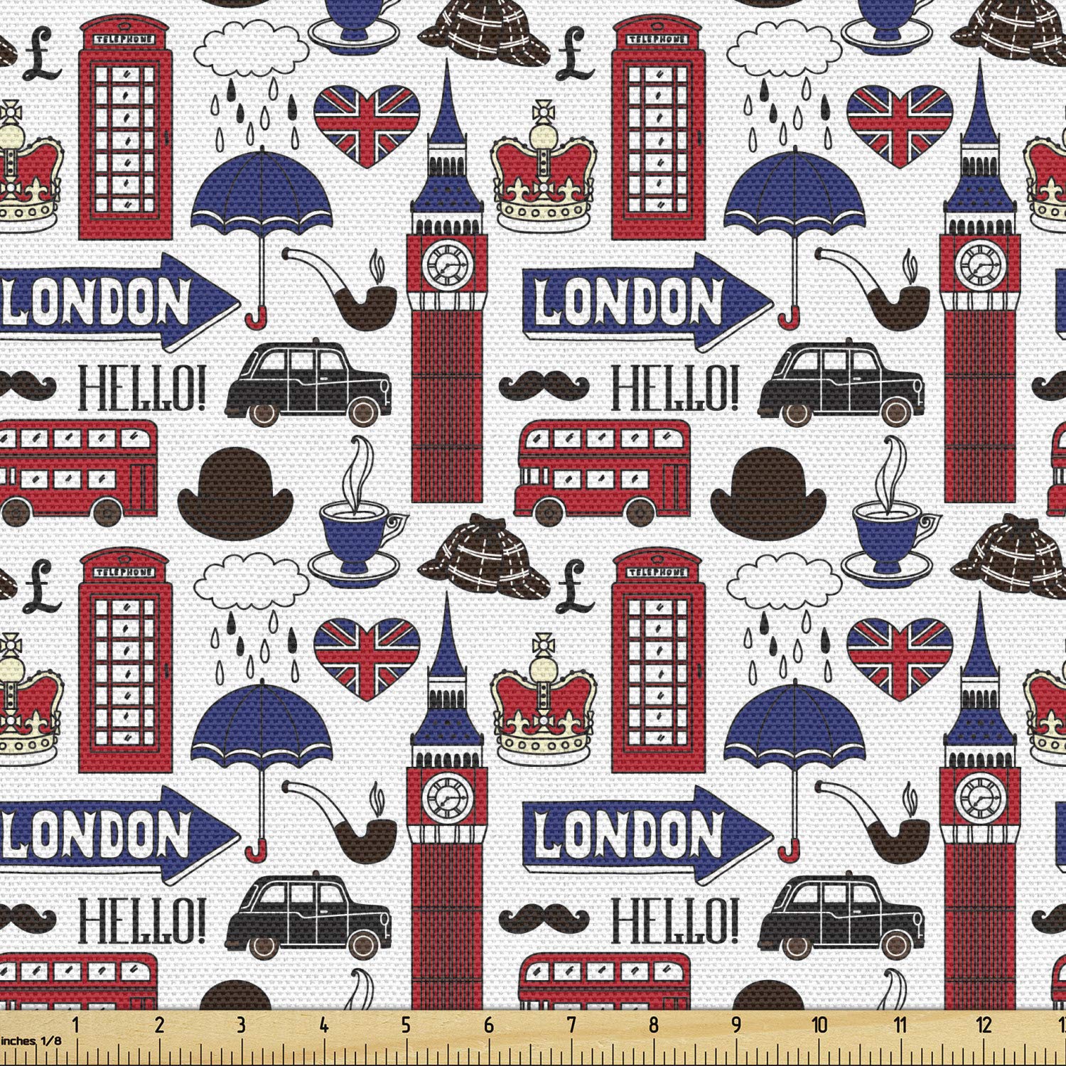 Ambesonne London Fabric by The Yard - Famous English City Landmarks & UK Travel Destinations - Decorative Upholstery & Home Accent Fabric - 10 Yards Multicolor - Perfect for Sofa Covers, Curtains & DIY Home Decor Projects