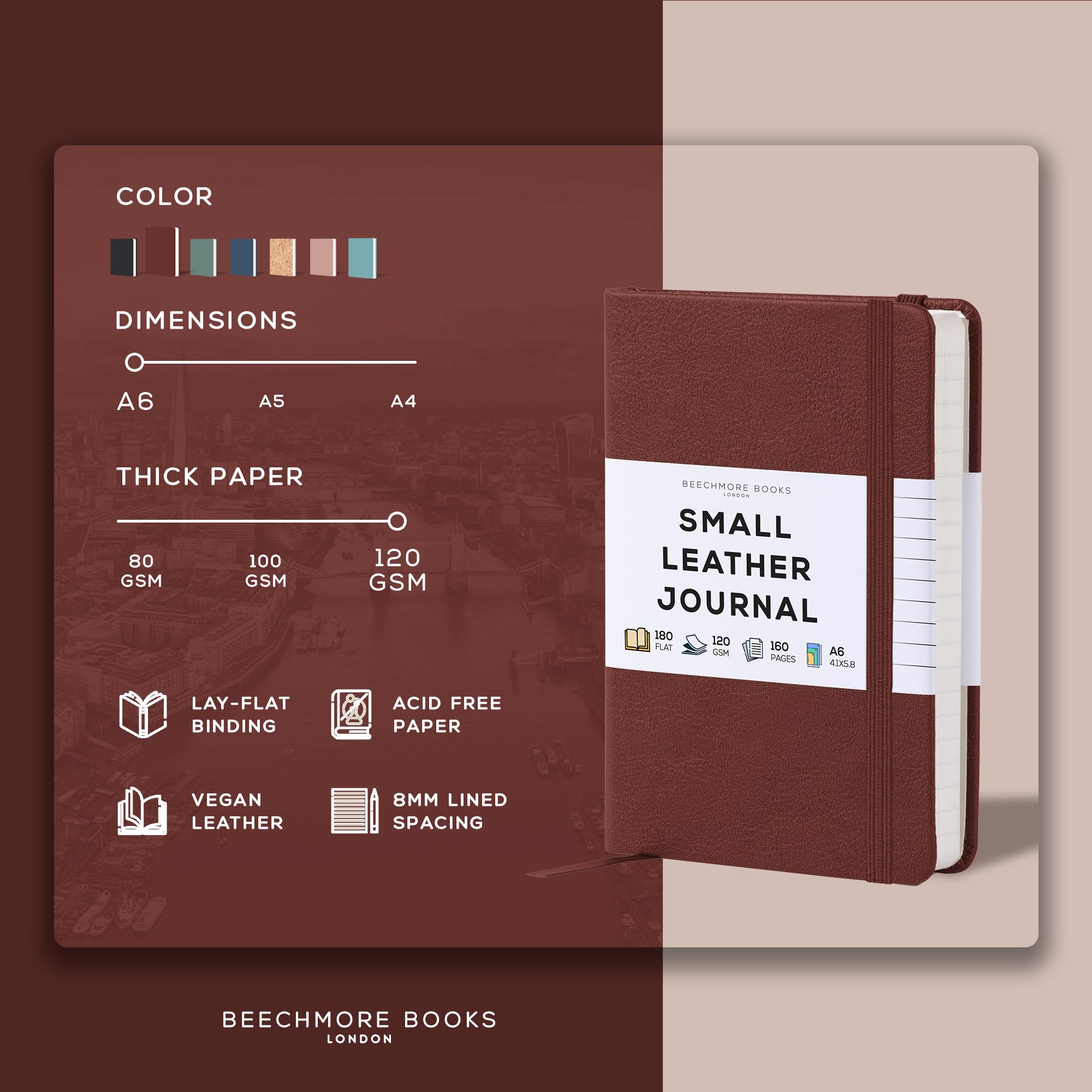 BEECHMORE BOOKS A6 Lined Journal Notebook - 4.1 x 5.8 Inch Hardcover Leather Writing Notebook with 160 Pages (120 GSM Thick Paper) - Perfect Gift for Women & Men, Ideal for Work, School, Travel & Daily Journaling - Includes Gift Box