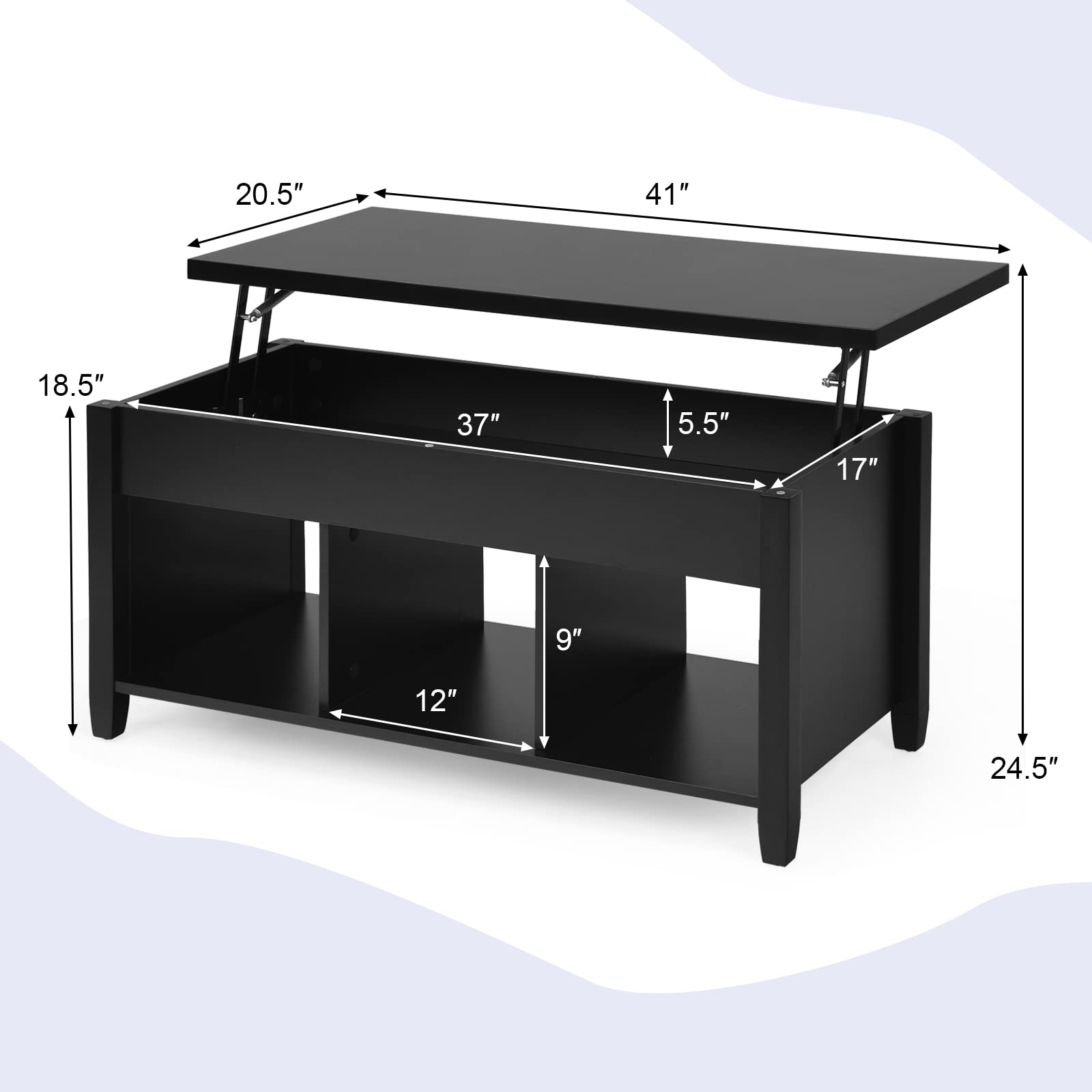 KOTEK Lift Top Coffee Table with Hidden Storage & Open Shelves - Modern Living Room Lift-Top Table with Compartment for Living Room, Office, Reception Area (Black) - Perfect for Small Space Organization & Stylish Home Decor
