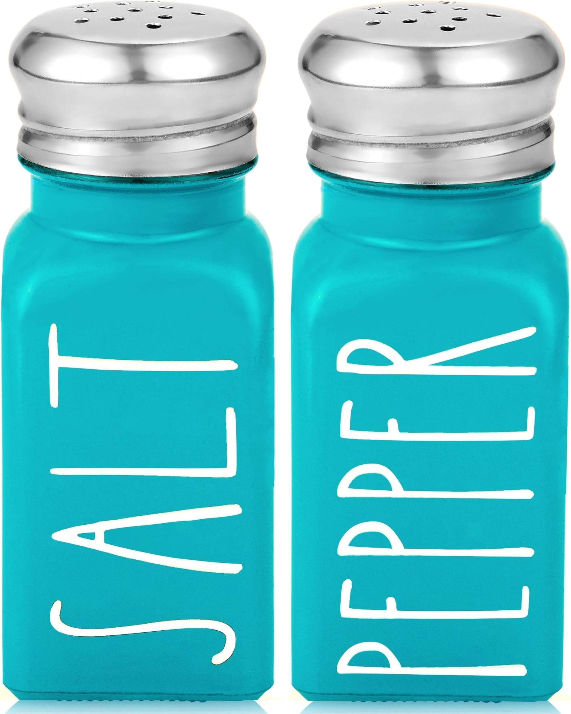 Brighter Barns Salt and Pepper Shakers Set - Modern Farmhouse Glass Shakers with Stainless Steel Lids - Turquoise & Teal Kitchen Decor for Home, Restaurants, Weddings - Perfect for Dining Tables, Kitchen Countertops & Gift Giving