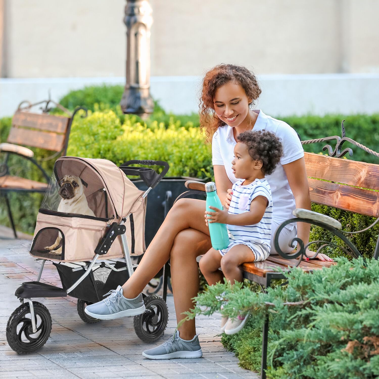 Critter Sitters 3-Wheel Jogging Dog Stroller with Storage Basket & Cup Holders - Modern Pet Stroller for Medium/Large Dogs up to 55lbs - Lightweight Puppy Stroller for Daily Walks, Park Visits & Outdoor Adventures (Tan)